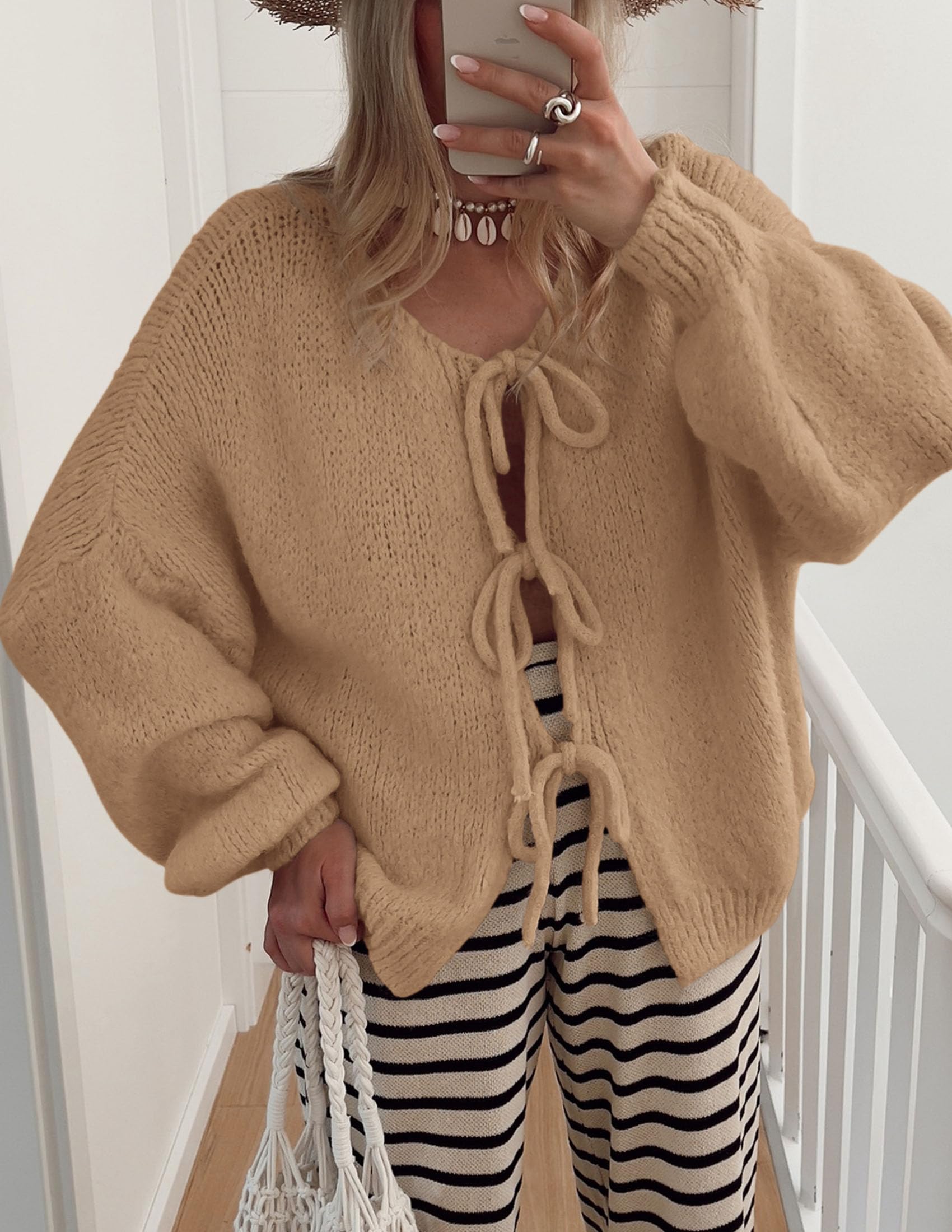 PRETTYGARDEN Women's Tie Front Bow Cardigan Sweaters Chunky Knit Long Puff Sleeve Trendy Fall Winter Jacket Coat