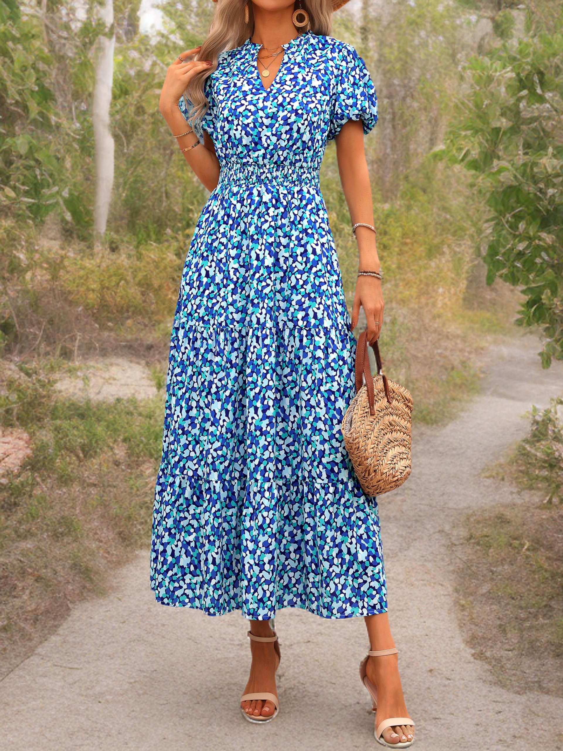 PRETTYGARDEN Summer Maxi Dresses for Women  Casual V Neck Puff Short Sleeve Smocked Flowy Beach Boho Long Floral Dress