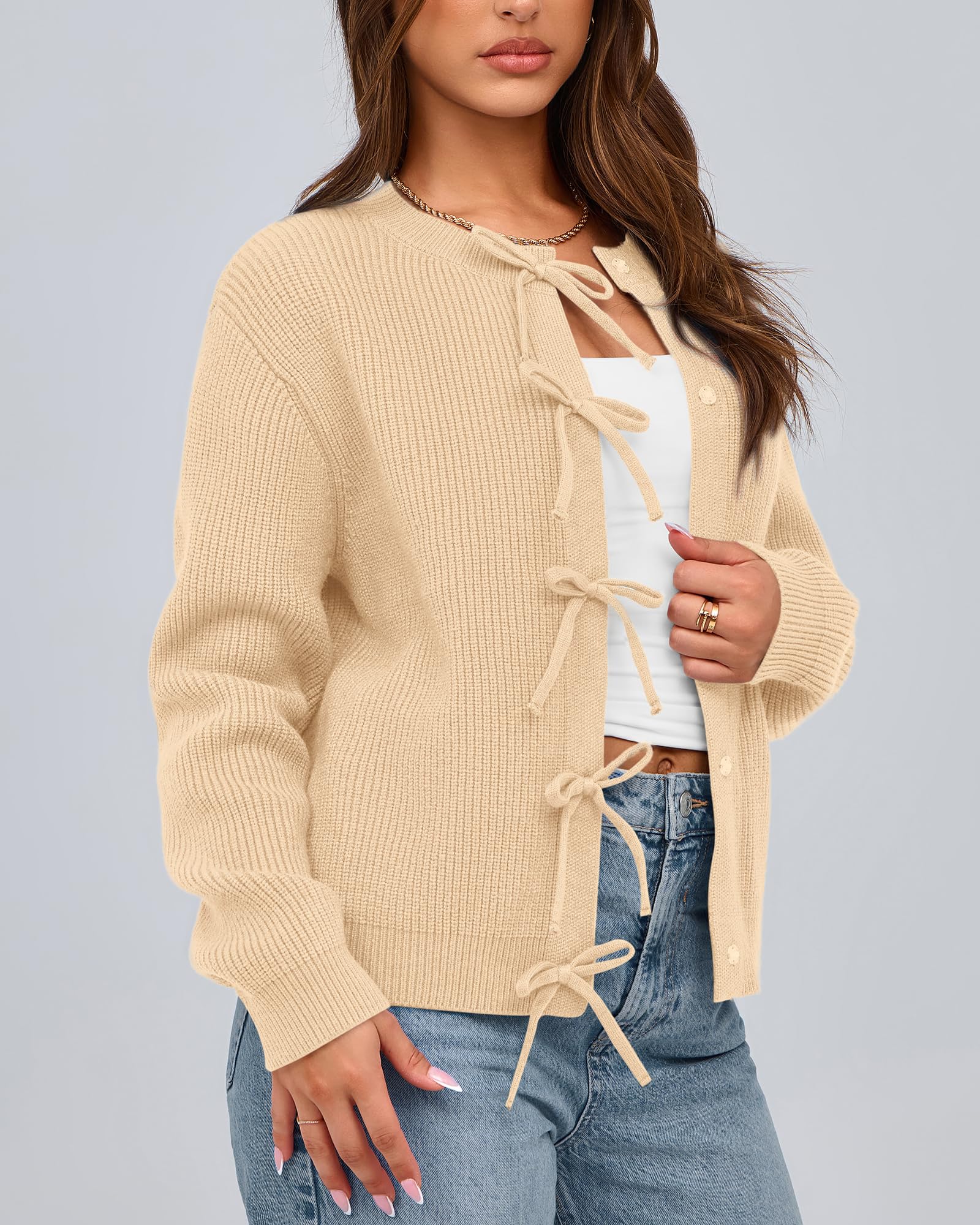 BTFBM Bow Cropped Cardigan Sweaters for Women Fall Winter Open Front Sweater Long Sleeve Button Fashion Spring Clothes