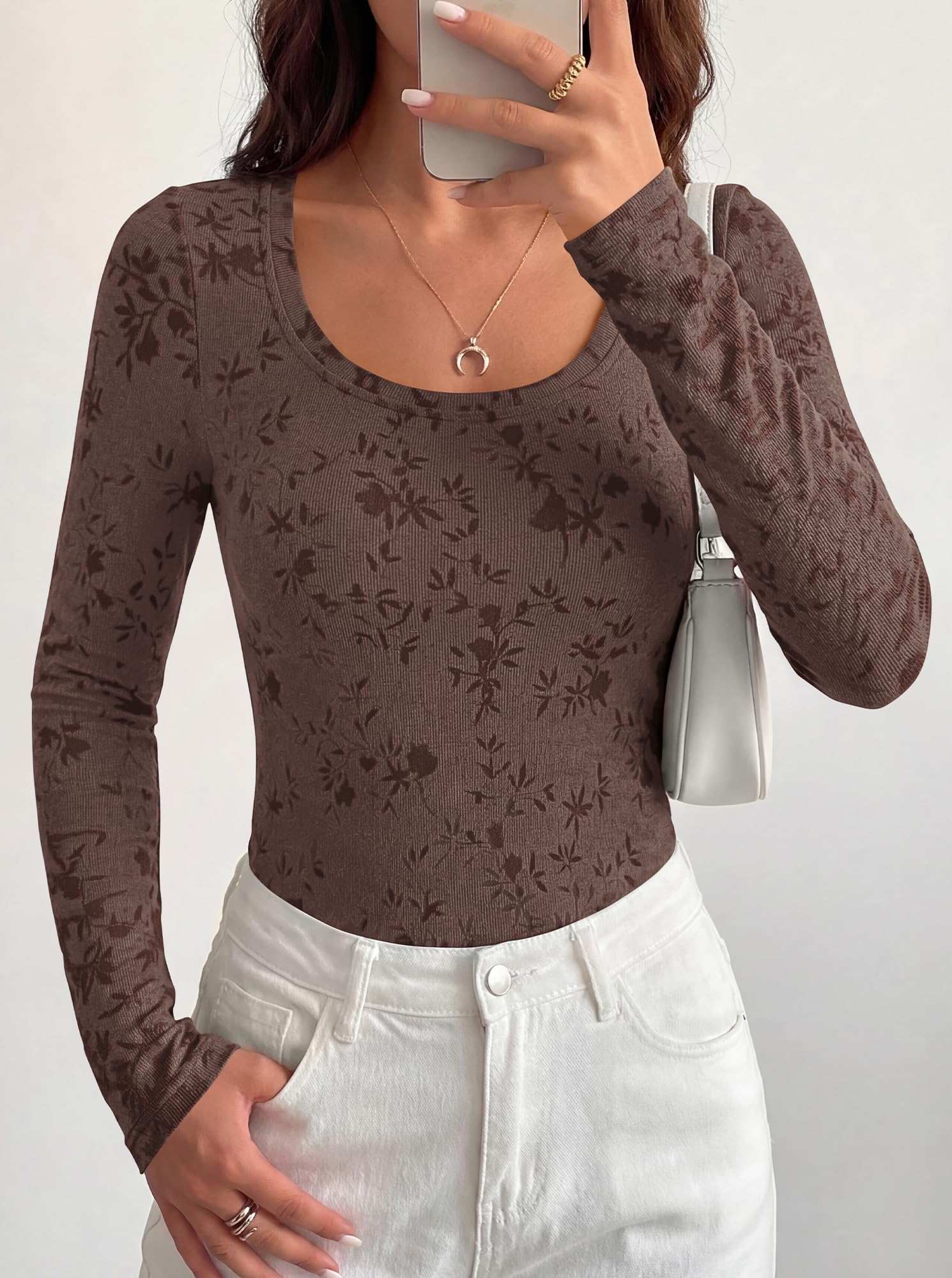 BTFBM Women's Long Sleeve Scoop Neck Shirts Floral Tops | Casual Women Fall Clothes, Ribbed Slim Fitted T-Shirts, y2k Fashion Clothing, Concert Going Out Top, Club Date Night Outfits