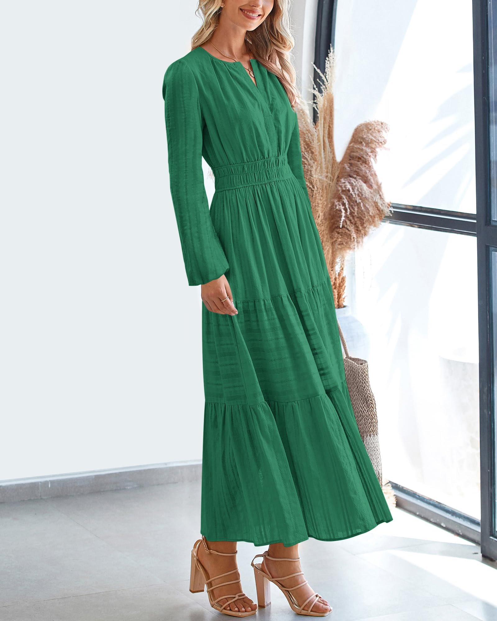 FreshPretty Fall Dresses for Women Casual Long Sleeve V Neck Elastic Waist Lightweight Maxi Wedding Guest Dress Pockets