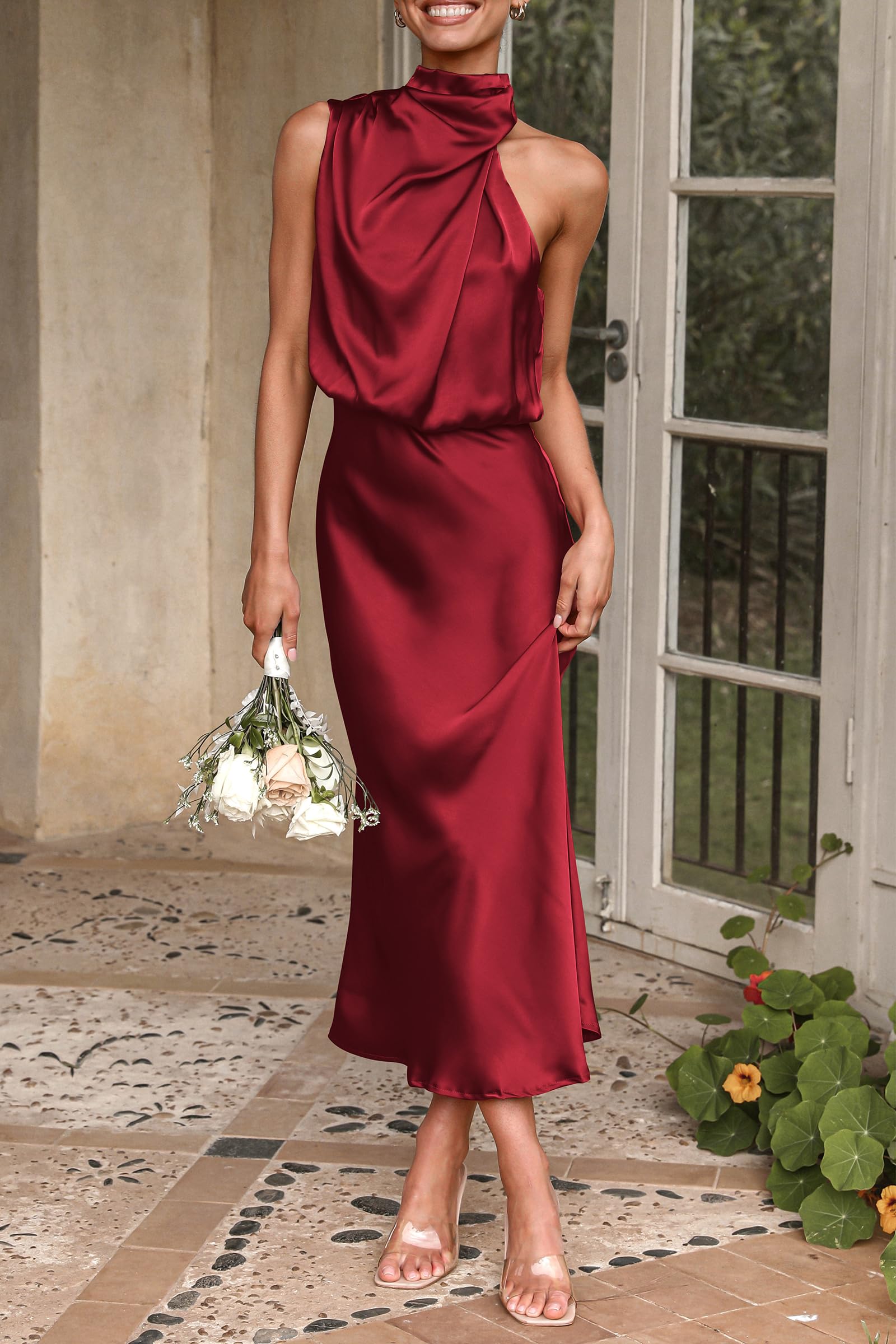 PRETTYGARDEN Women's Summer Satin Dress Elegant Sleeveless Mock Neck Cocktail Party Maxi Dresses