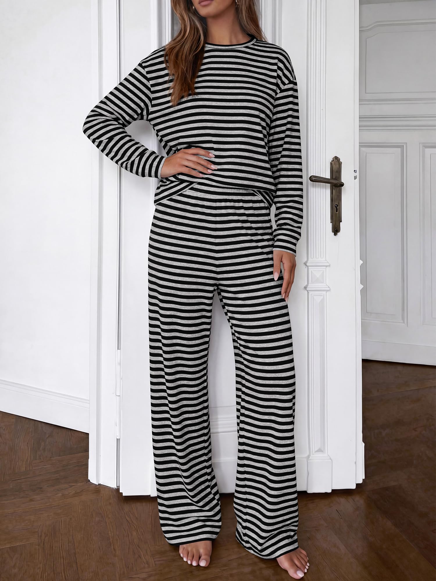 BTFBM Striped Lounge Set Sweatsuits Women 2 Piece Outfit | Womens Pajama Sets, Crew Neck Sweatshirt and Wide Leg Pants, Pockets, Airport, Travel, Vacation Outfits, Fall Winter Clothes
