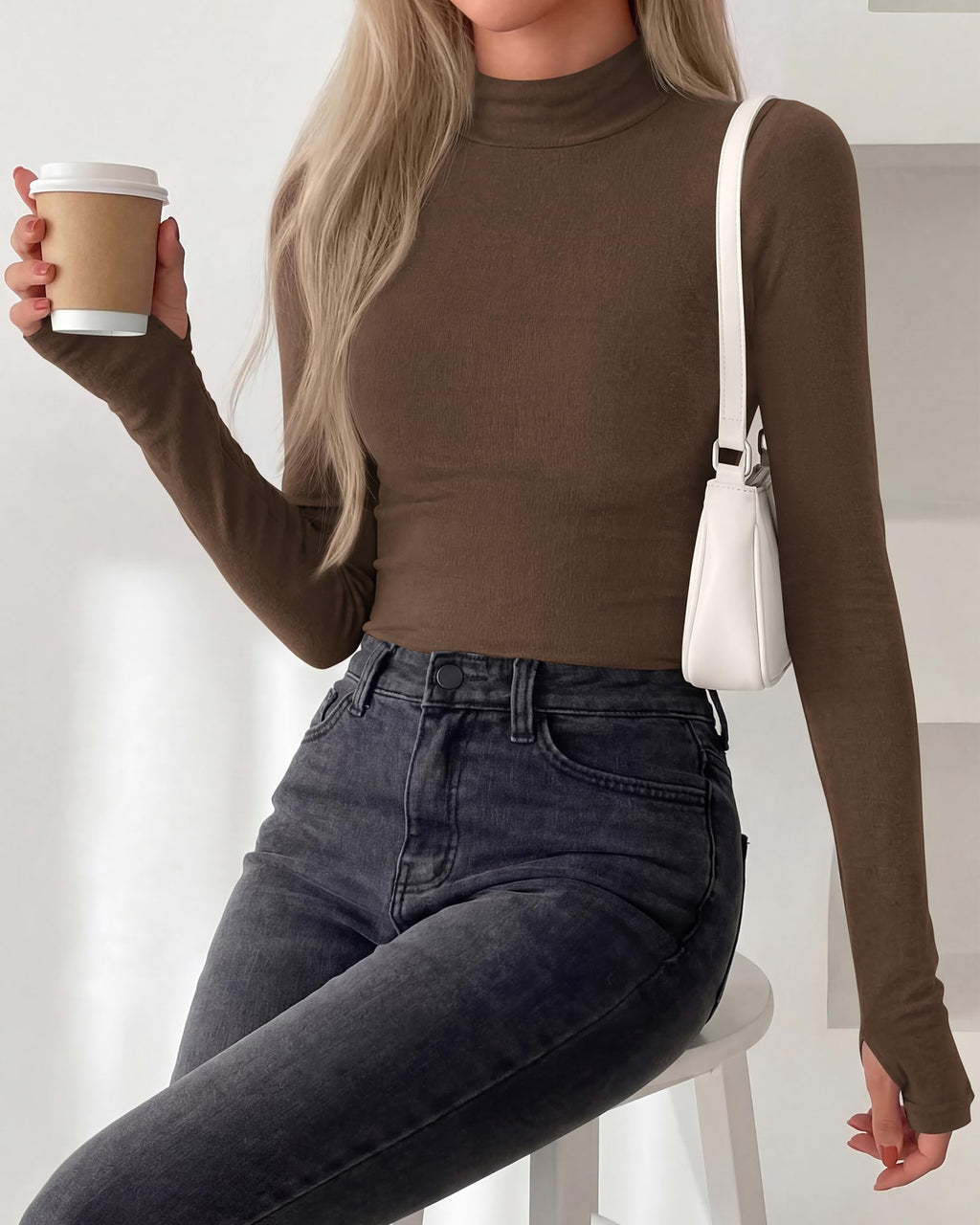 BTFBM Turtleneck Tops for Women Thumbhole Long Sleeve Shirts | Lightweight Fleece Lining, Casual Basic Layering Top, Slim Fit Stretch Winter Thermal Underwear, Fall Fashion Clothing