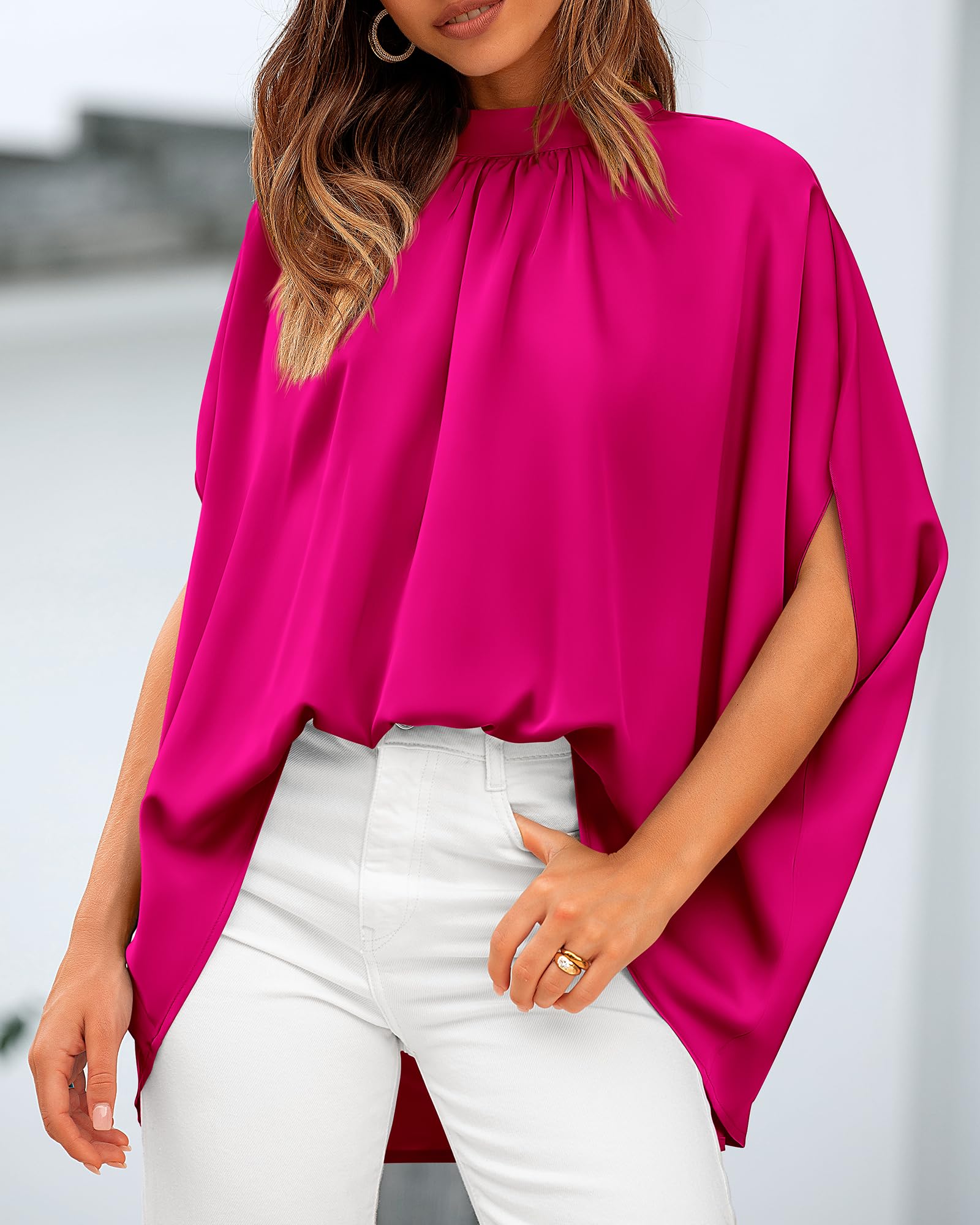 BTFBM Womens Summer Tops Mock Neck Batwing Sleeve Silk Satin Shirts Loose Oversized Dressy Casual Spring Blouses