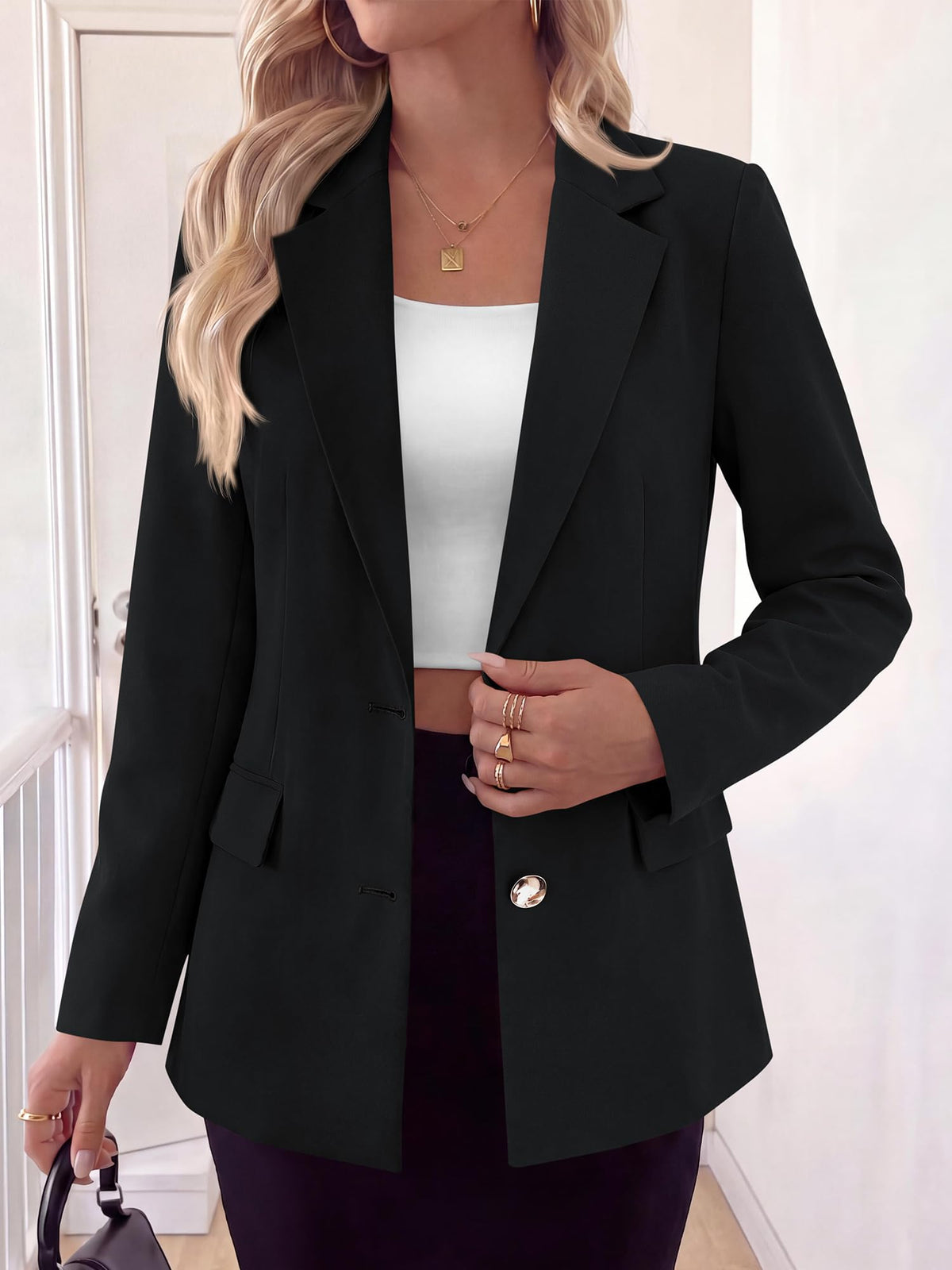 BTFBM Blazers for Women Business Casual Outfits Work Fall Clothes Breasted Notch Lapel, Long Sleeve, Gold Button, Fitted, Open Front Suit Jackets, Pockets, Dressy Professional Office Blazer