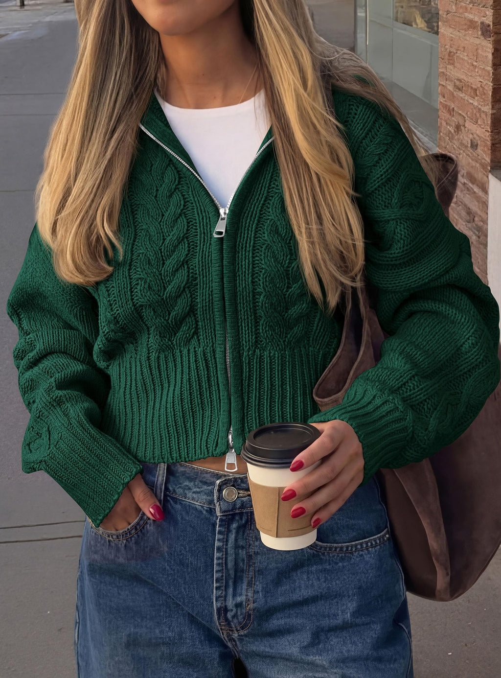 PRETTYGARDEN Women's Cable Knit Cropped Cardigan Sweaters Oversized Sweater, Long Sleeve Zip Up Jacket, Collared Neck, Ribbed Hem, Cozy Soft Casual Wear, Fall Clothes Winter Outerwear