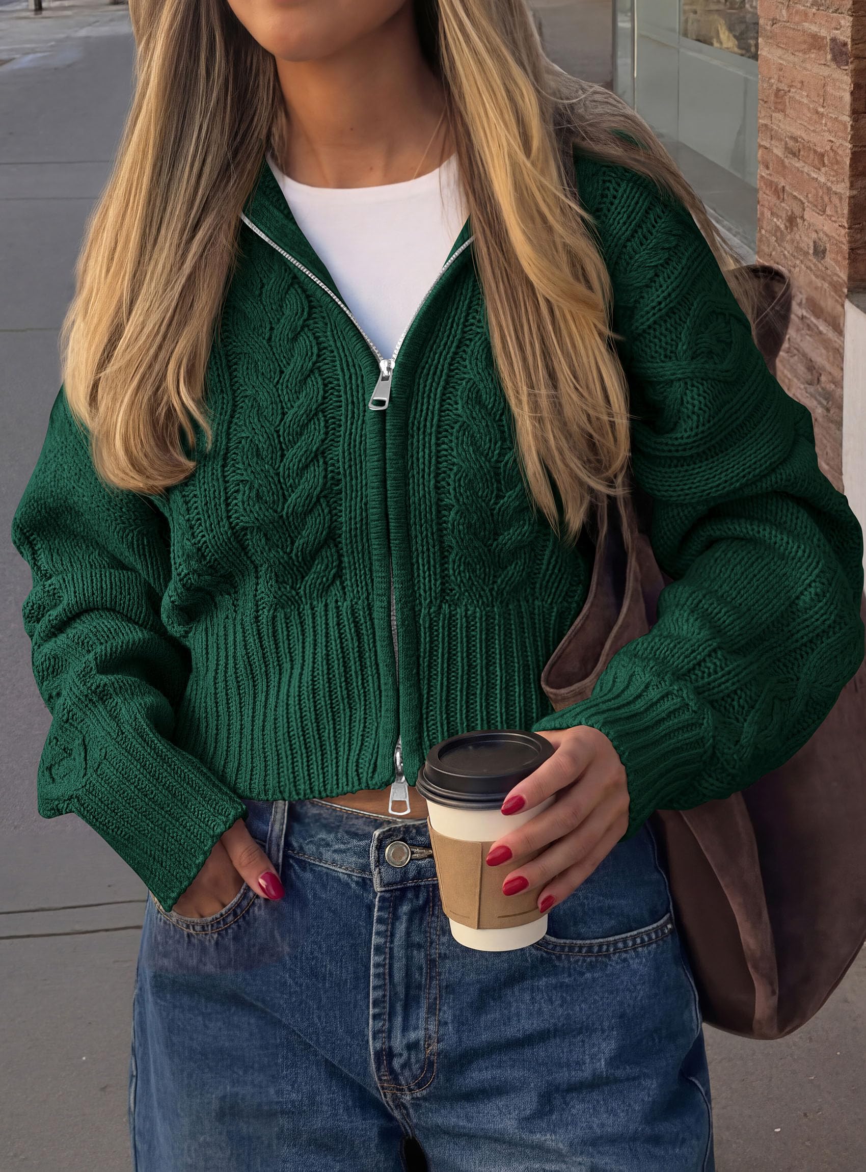 PRETTYGARDEN Women's Cable Knit Cropped Cardigan Sweaters Oversized Sweater, Long Sleeve Zip Up Jacket, Collared Neck, Ribbed Hem, Cozy Soft Casual Wear, Fall Clothes Winter Outerwear