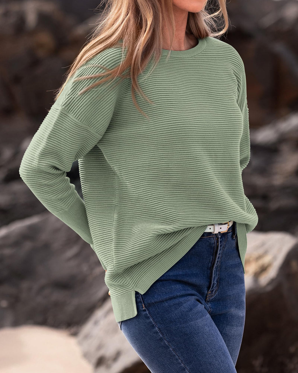 FreshPrettyFall Sweaters for Women Casual Long Sleeve Sweater Striped Loose Fit Pullover Tops