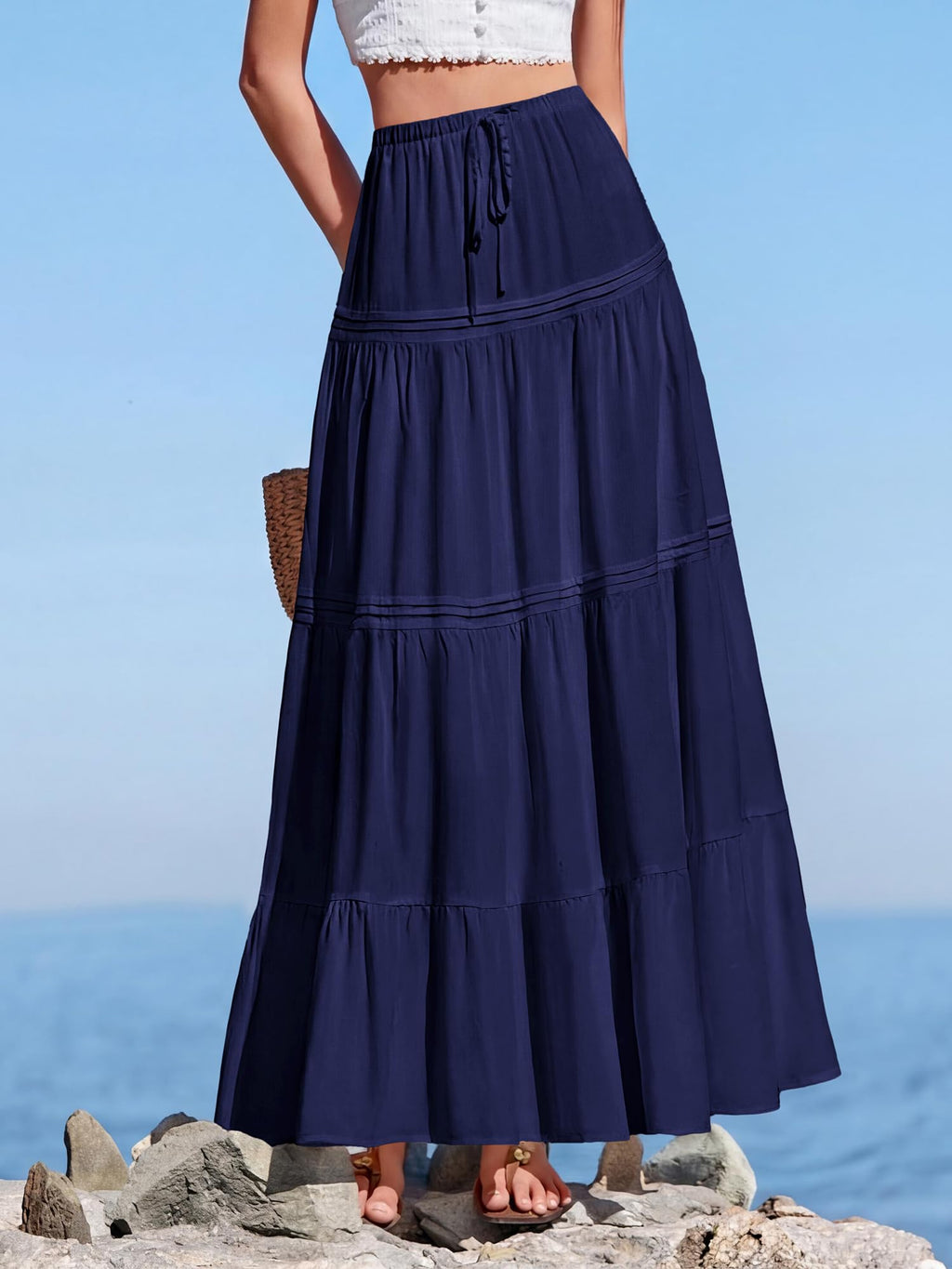 BTFBM Spring Skirts for Women Summer Boho Beach Vacation Clothes Casual Pleated High Waisted Flowy Maxi Skirt
