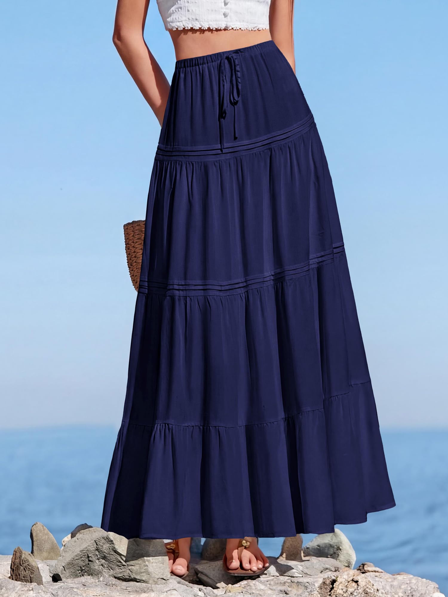 BTFBM Spring Skirts for Women Summer Boho Beach Vacation Clothes Casual Pleated High Waisted Flowy Maxi Skirt