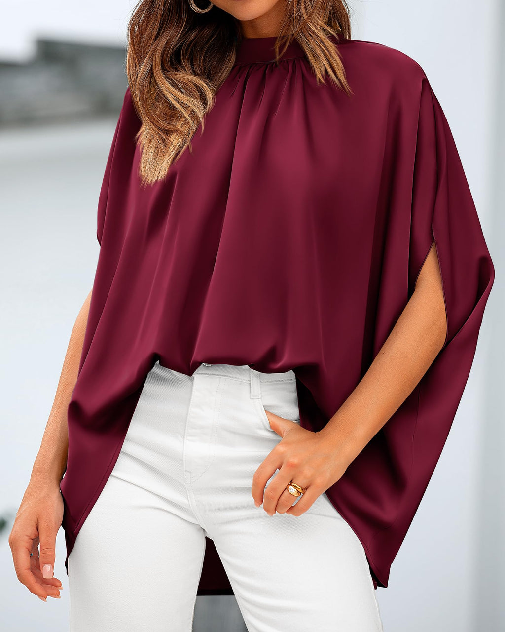 BTFBM Womens Summer Tops Mock Neck Batwing Sleeve Silk Satin Shirts Loose Oversized Dressy Casual Spring Blouses
