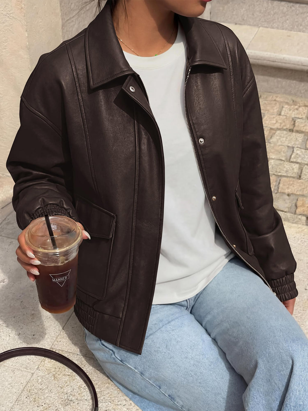 BTFBM Faux Leather Jacket Women Fall Clothes Long Sleeve, Bomber Jackets, Snaps, Pockets, Oversized, Zip Up Motorcycle Outerwear, Airport, Going Out Outfits, Winter Coat