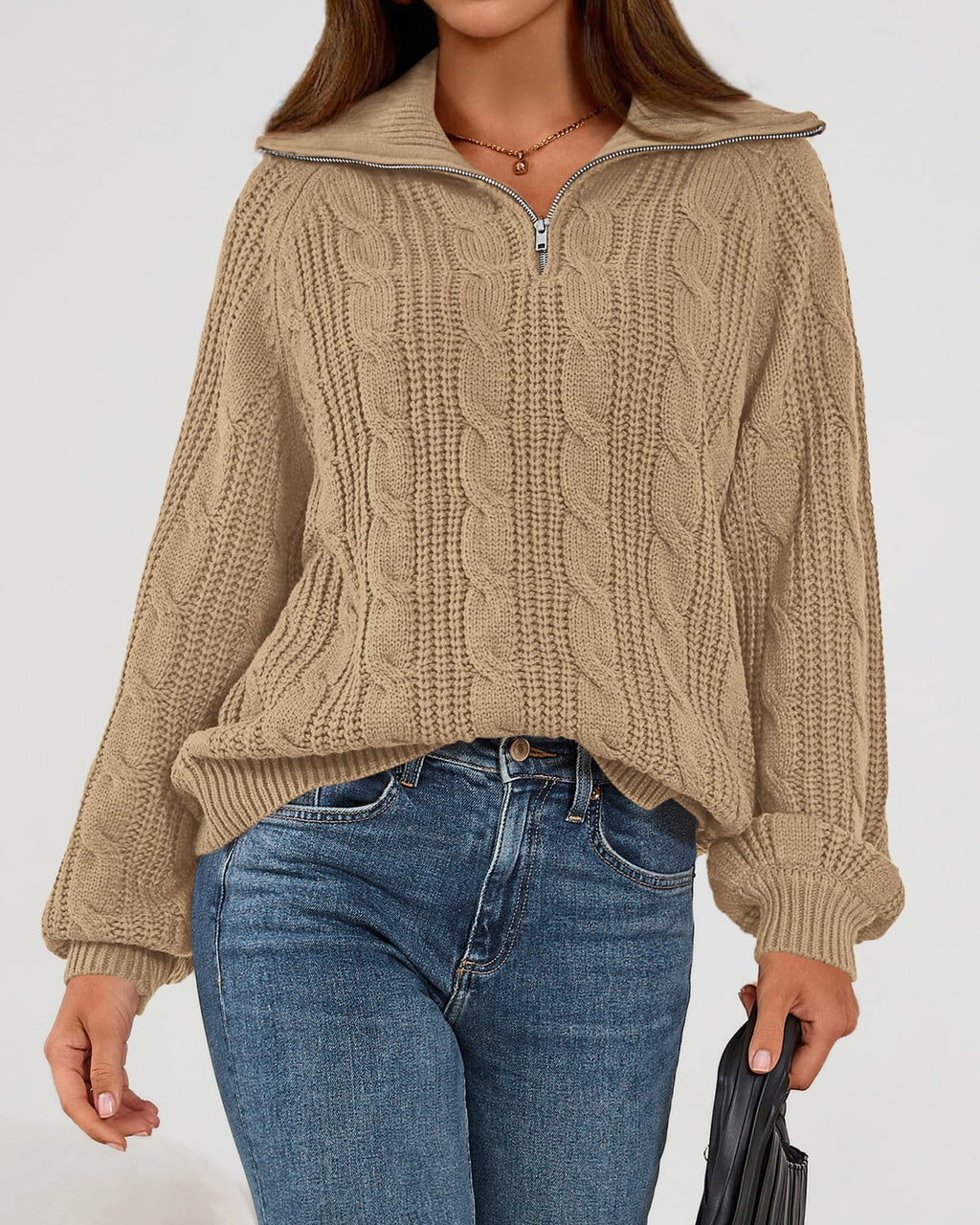 BTFBM Sweaters for Women Fall Fashion Loose Quarter Zip Pullover Collared Long Sleeve Cable Knit Winter Clothes