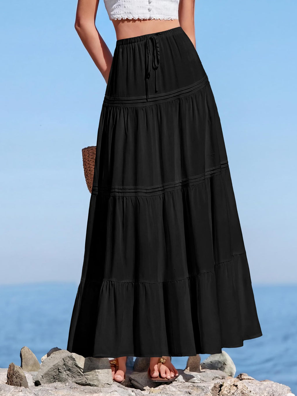 BTFBM Spring Skirts for Women Summer Boho Beach Vacation Clothes Casual Pleated High Waisted Flowy Maxi Skirt