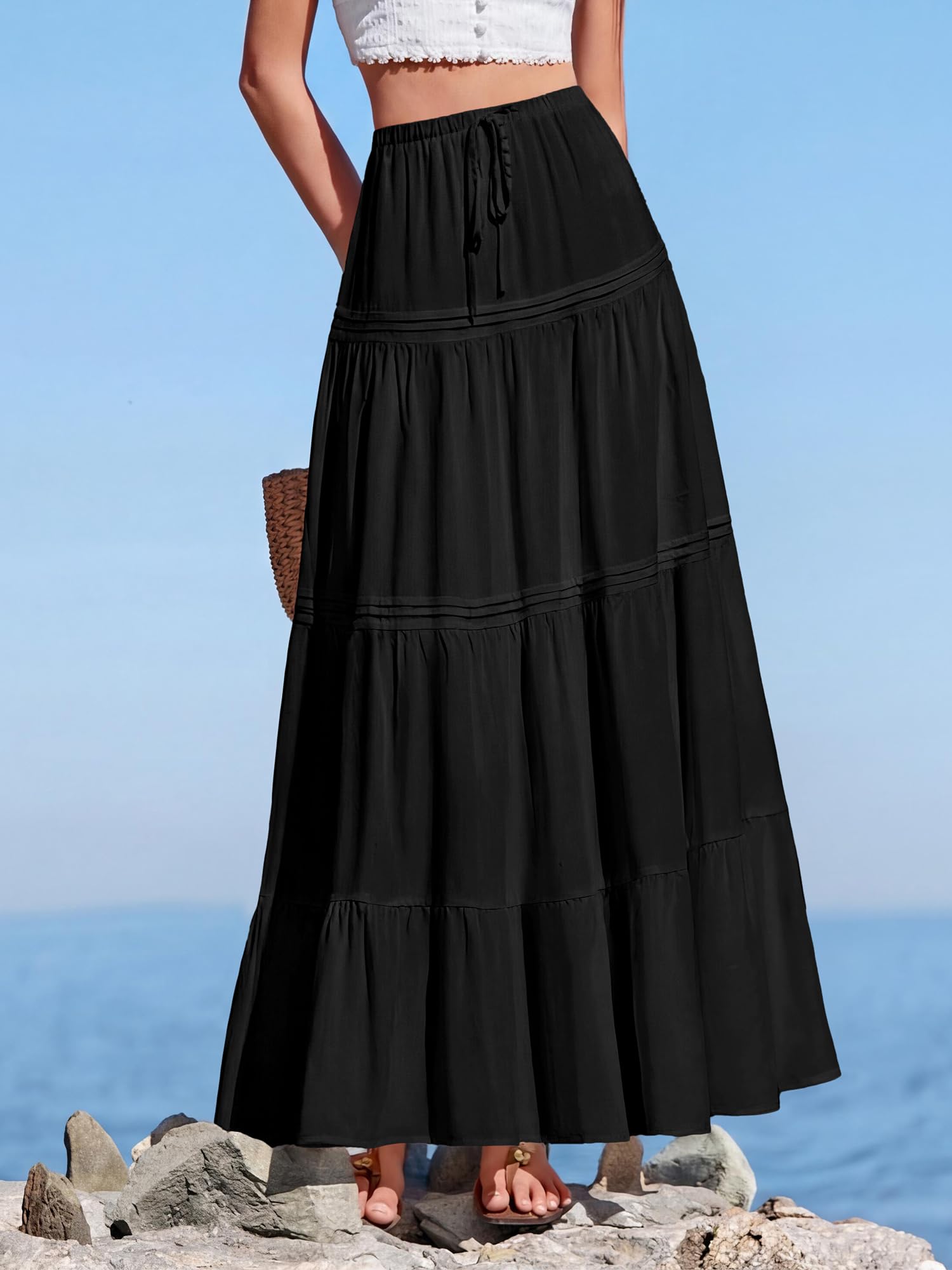 BTFBM Spring Skirts for Women Summer Boho Beach Vacation Clothes Casual Pleated High Waisted Flowy Maxi Skirt