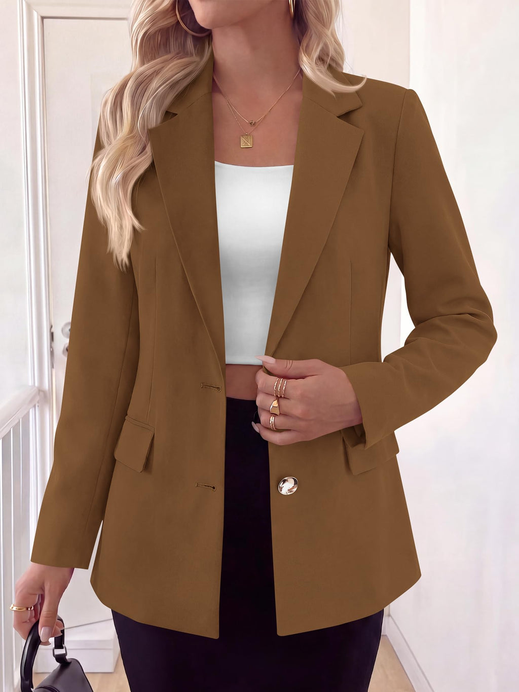 BTFBM Blazers for Women Business Casual Outfits Work Fall Clothes Breasted Notch Lapel, Long Sleeve, Gold Button, Fitted, Open Front Suit Jackets, Pockets, Dressy Professional Office Blazer