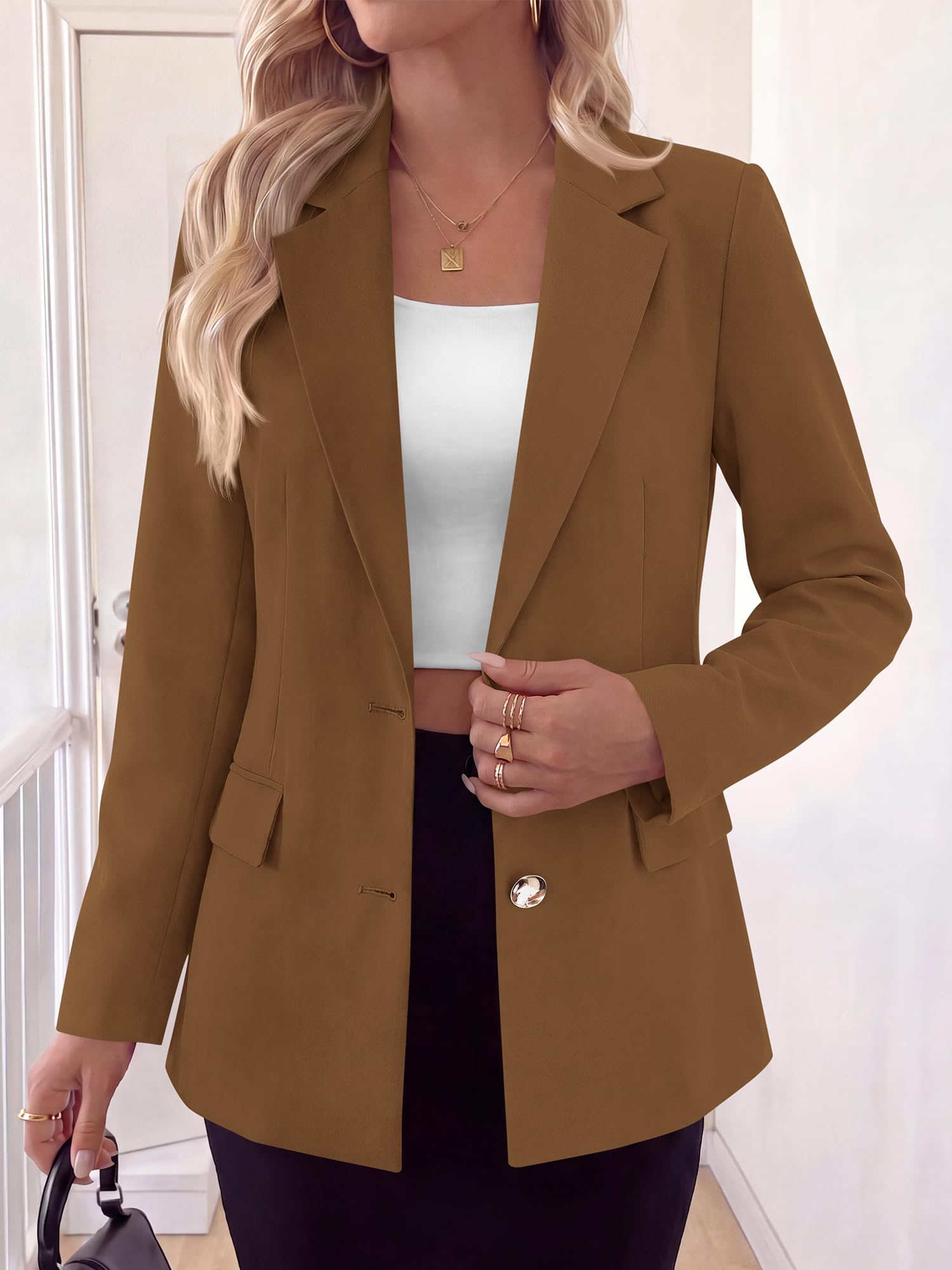 BTFBM Blazers for Women Business Casual Outfits Work Fall Clothes Breasted Notch Lapel, Long Sleeve, Gold Button, Fitted, Open Front Suit Jackets, Pockets, Dressy Professional Office Blazer