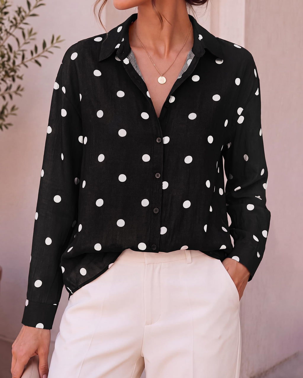 BTFBM Womens Blouses Dressy Casual Floral Long Sleeve Shirts Polka Dot Tops Classic Lapel Collar,Button Cuffs,V Neck Button Down Shirt,Business Casual Outfits,Early Fall Fashion Clothing Trendy