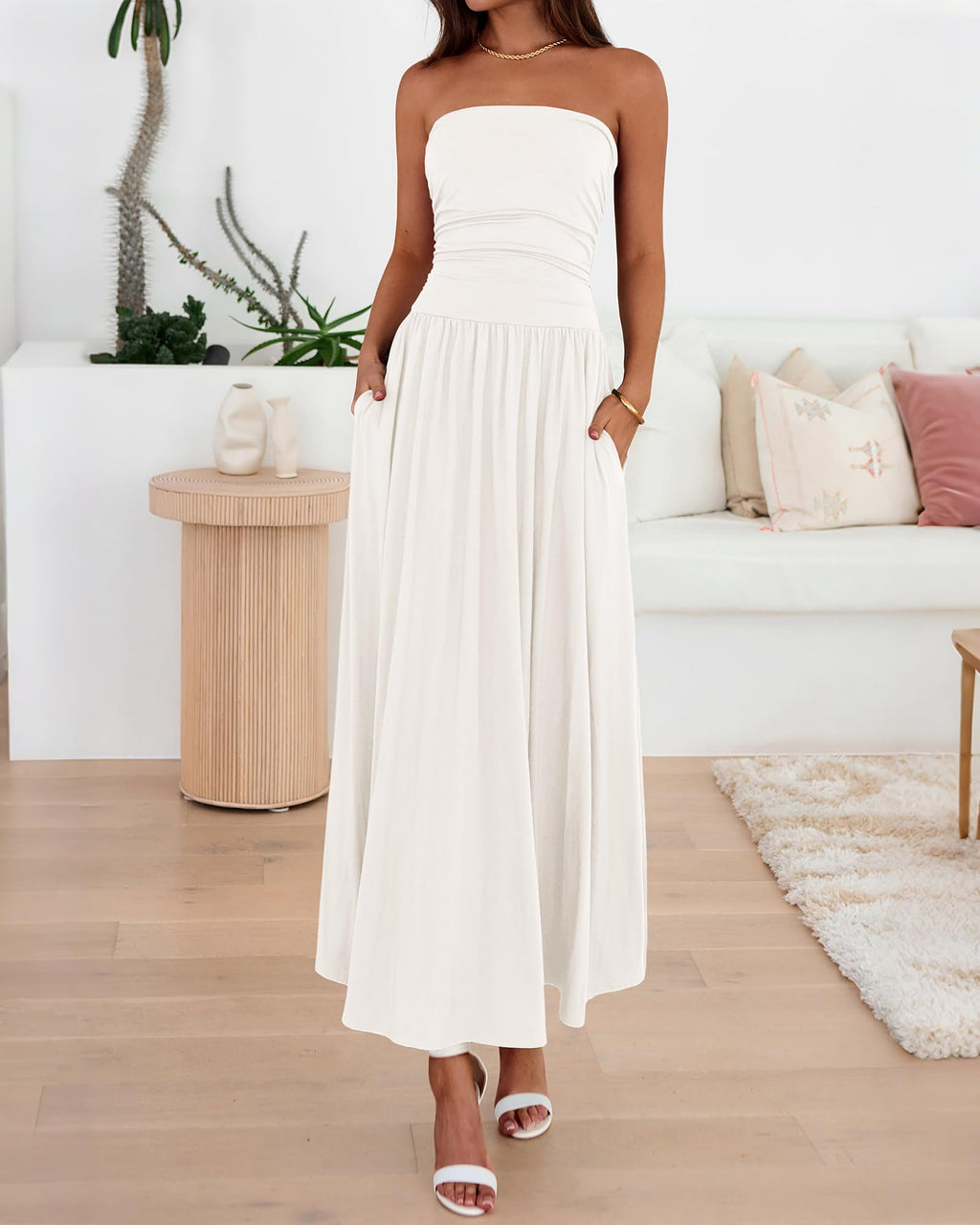 BTFBM Summer Maxi Dresses for Women Strapless Ruched Tube Top Beach Vacation Spring Wedding Guest Dress Pockets