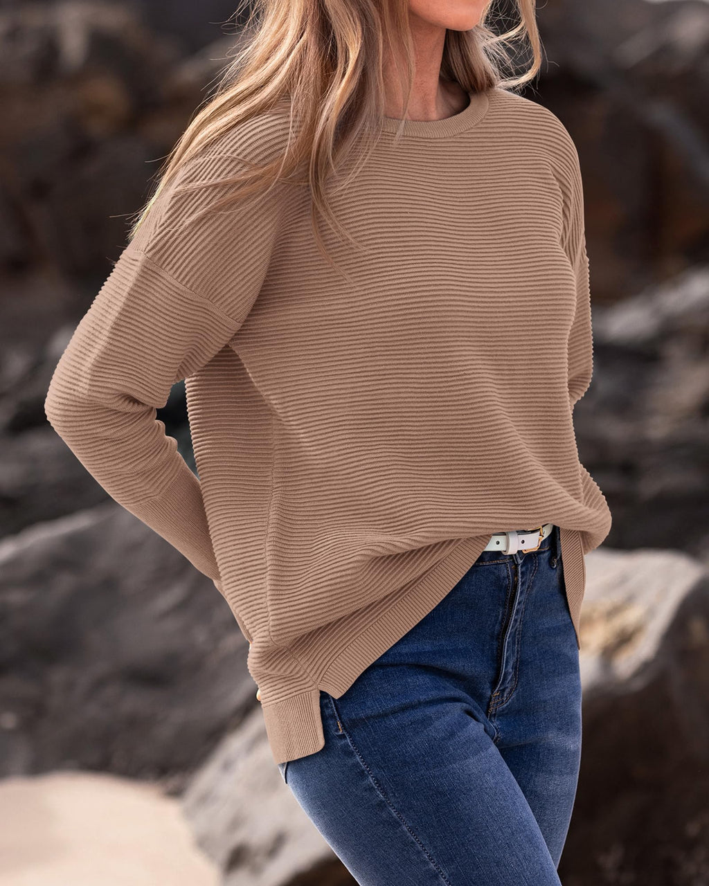 FreshPrettyFall Sweaters for Women Casual Long Sleeve Sweater Striped Loose Fit Pullover Tops