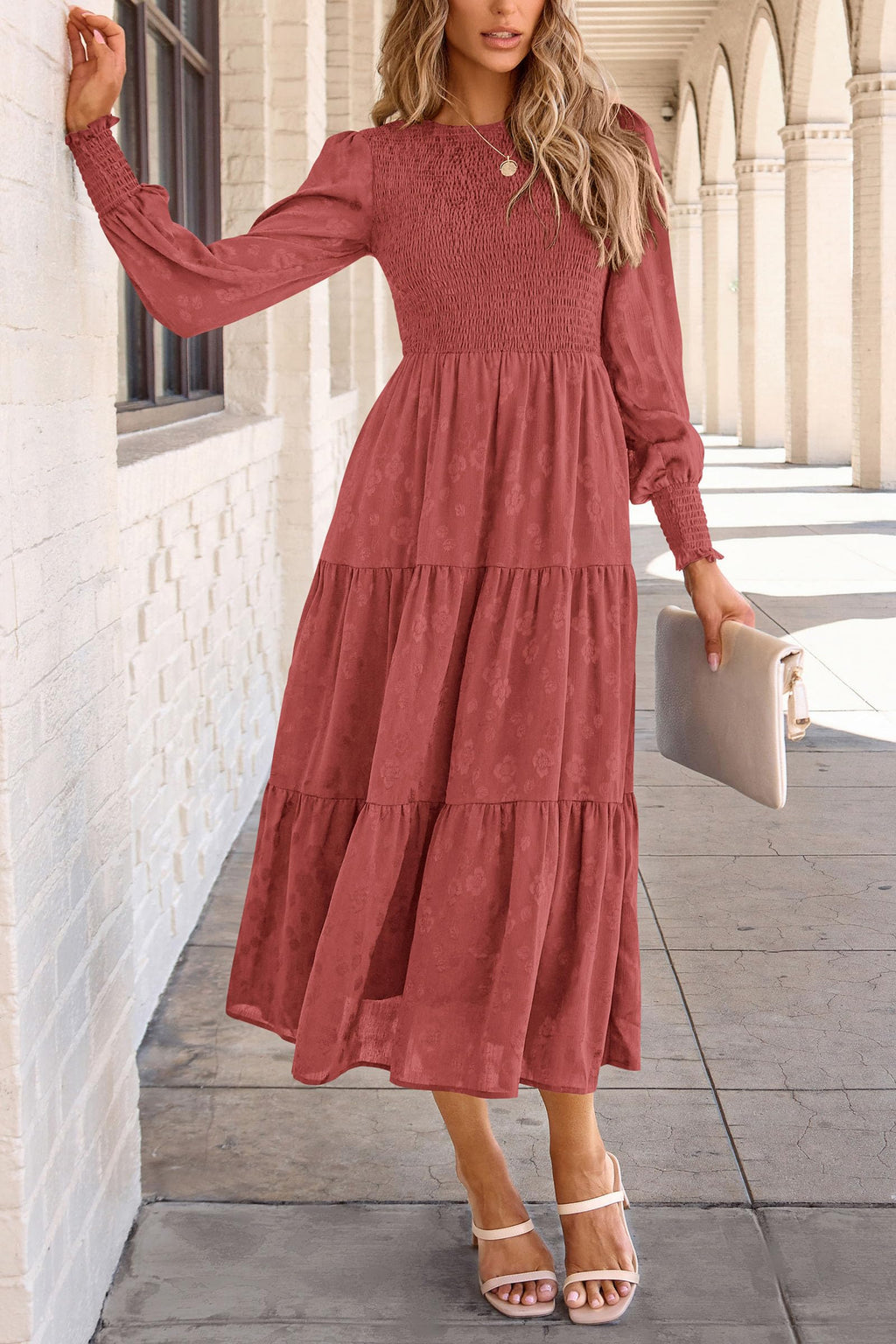 PRETTYGARDEN Women's Fall Spring Midi Dress Long Sleeve Floral Smocked Elegant Wedding Guest Long Flowy Dresses with Pockets