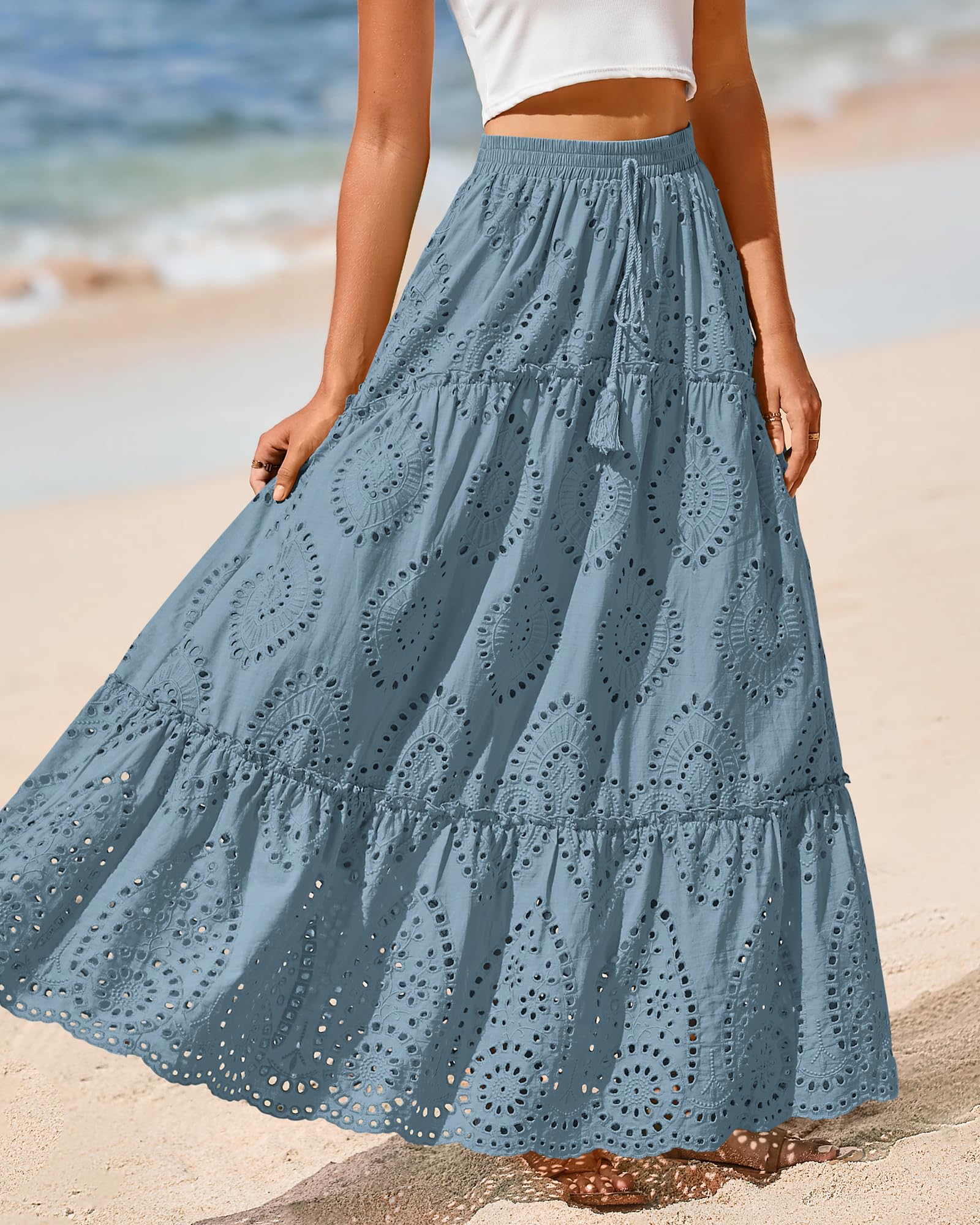BTFBM Long Skirts for Women Summer Boho Lace Embroidery High Waist Flowy Tiered Spring Maxi Skirt Beach Vacation