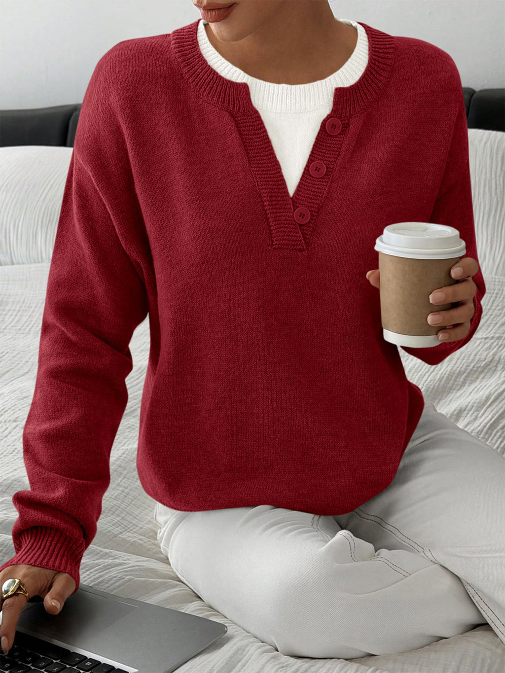 BTFBM Women Long Sleeve Crew Neck Sweaters Tops, 2 in1 Knitted Pullover, Deco Buttons, Oversized, Stretchy, Vacation, Business Casual Outfits, Fall Winter Trendy