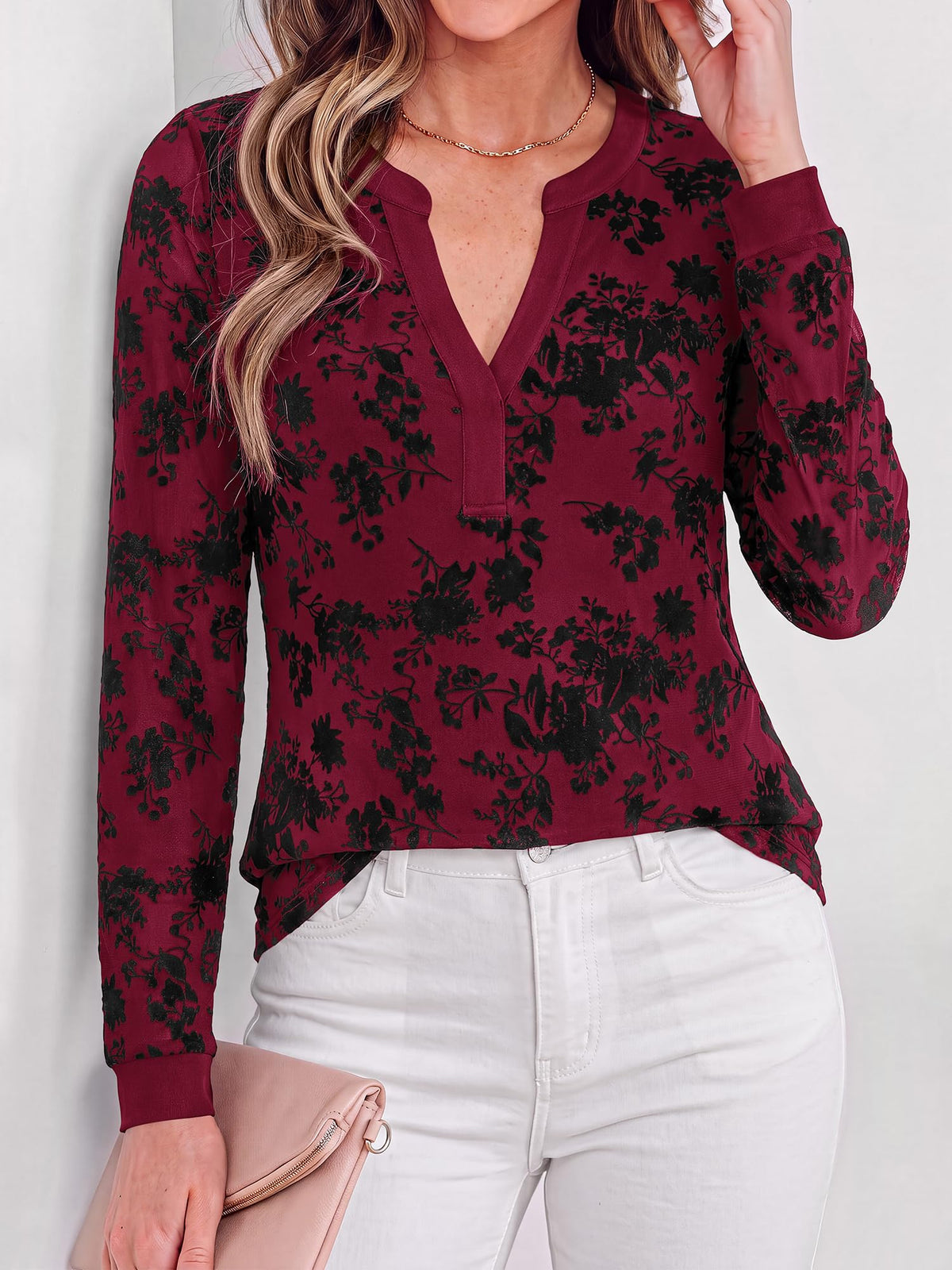 BTFBM Womens Tops Floral Sheer Mesh Long Sleeve Blouses Dressy Casual V Neck Flocked Mesh Shirts,Velvet-Like Flowers,Double Layered,Loose Fit Tunics,Business Casual Top,Fall Fashion Clothing