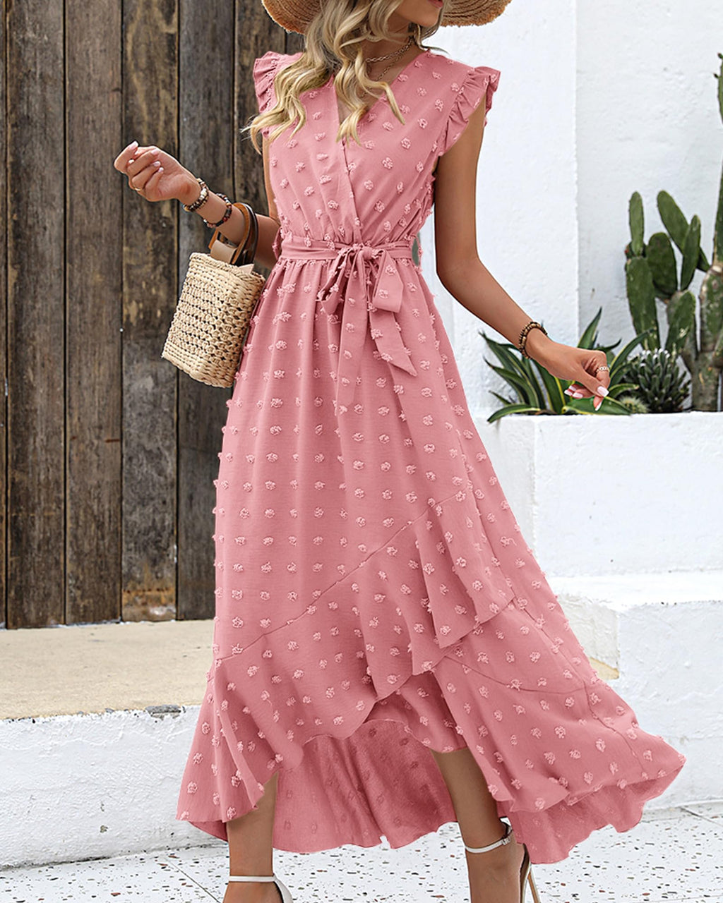BTFBM Boho Dresses for Women Spring Fashion Cap Sleeve Swiss Dot Flowy Ruffle Beach Wedding Cocktail Maxi Dress