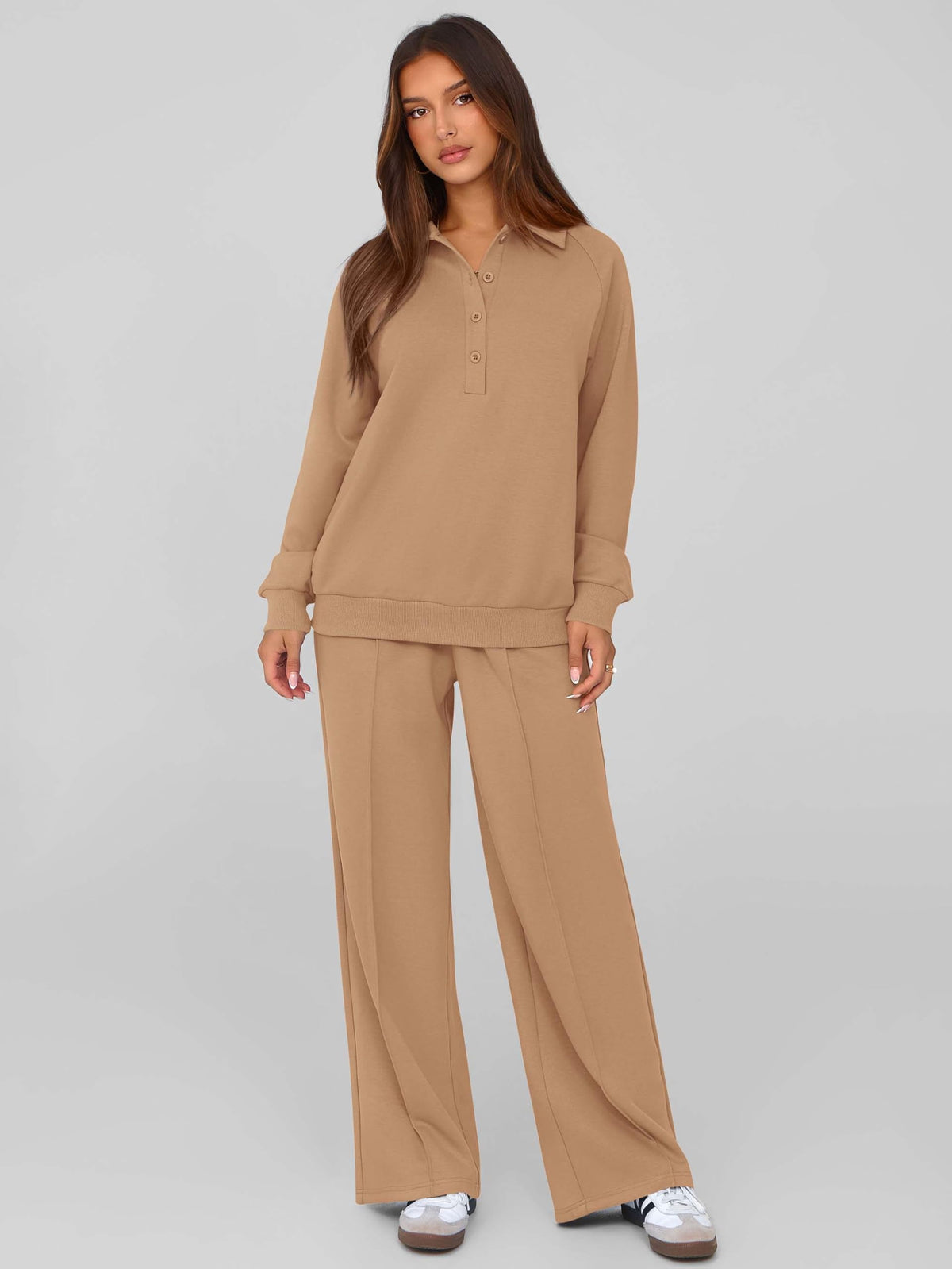 PRETTYGARDEN Women Fall 2 Piece Outfits Sweatsuits Lounge Sets Quarter Button Long Sleeve Sweatshirt, Wide Leg Sweat Pants, Casual 2 Piece Sets Tracksuit, Airport Travel Outfits for Women