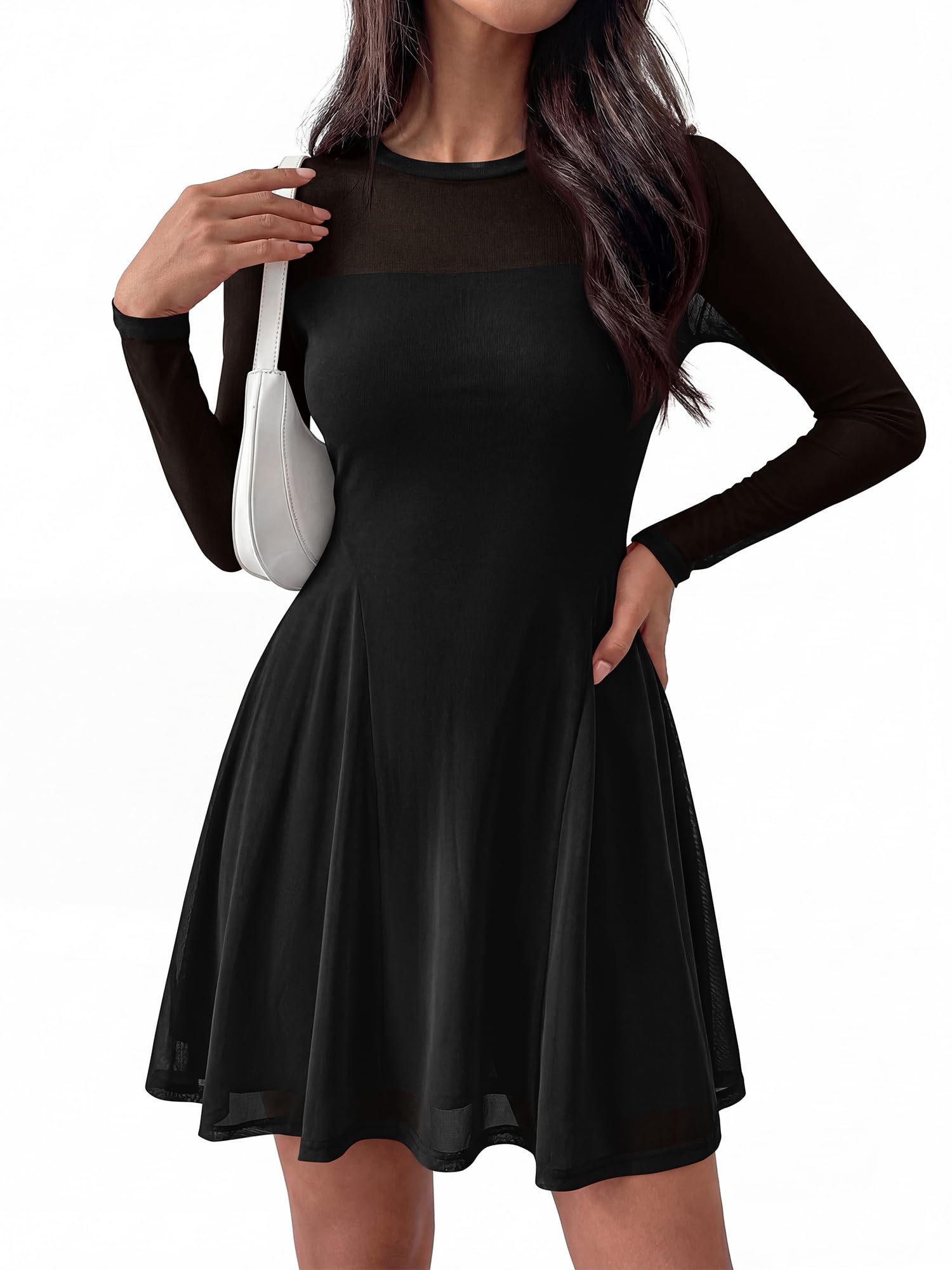 BTFBM Women’s Mini Dress Sheer Mesh Long Sleeve Crew Neck Flowy A Line Casual Cocktail Party Going Out Dresses Fall