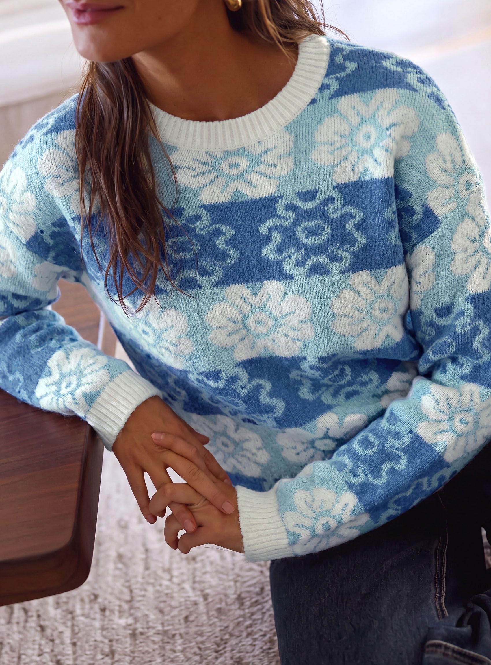 PRETTYGARDEN Women's Floral Crewneck Sweater Knit Pullover Loose Fit, Chunky Knit Sweaters Tops, Dressy Casual Work Vacation Holiday Outfits, Womens Fall Fashion, Winter Clothes