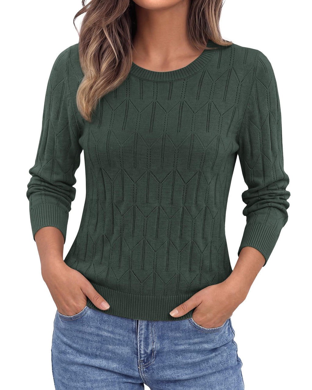 BTFBM Womens Sweaters Long Sleeve Crewneck Pullover Tops Dressy Casual Lightweight Knit Sweater,Small Hollow Out Boho Shirts, Fall Fashion,Winter Layer Basic Clothes,Business Casual Outfits