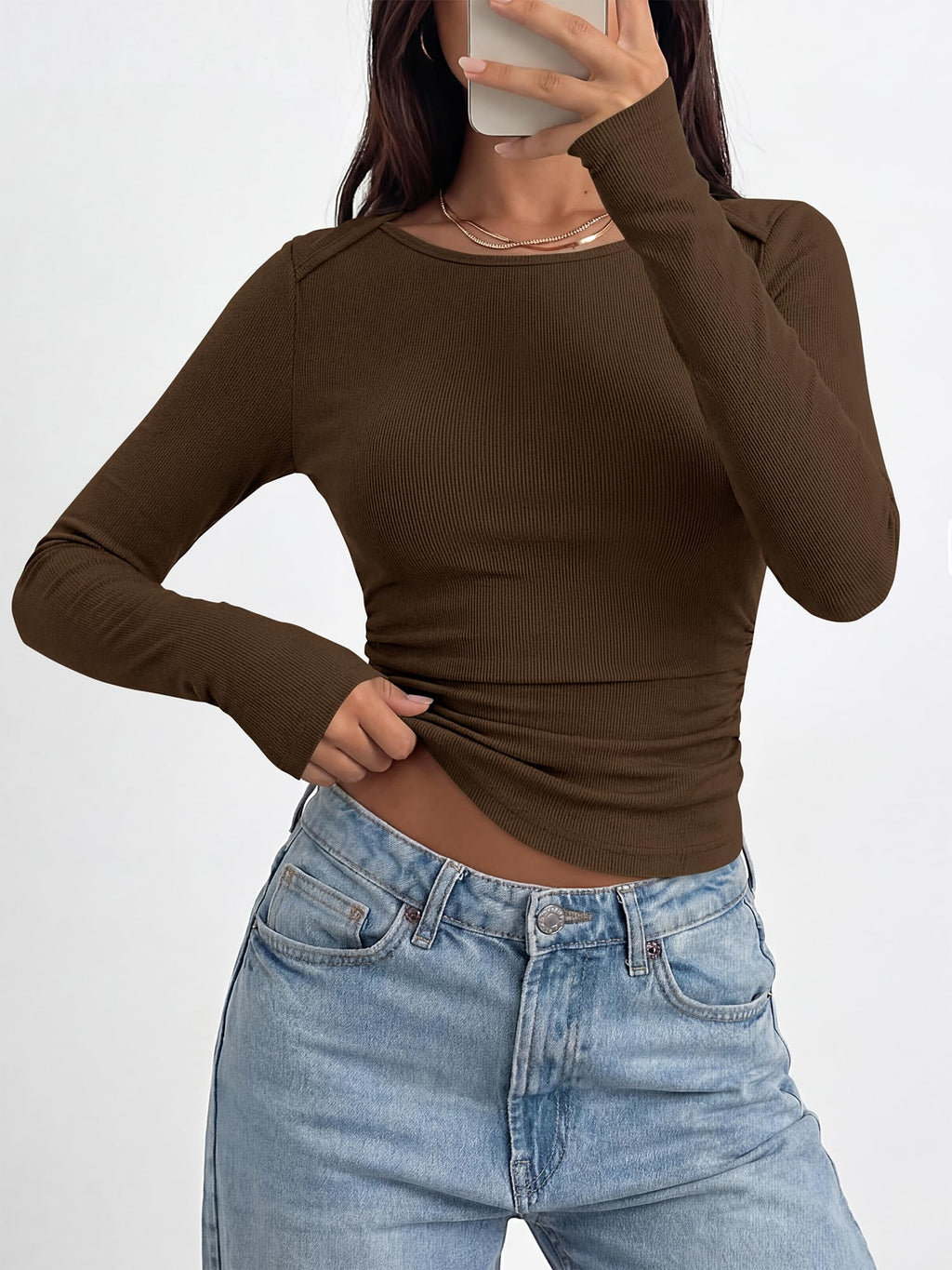 BTFBM Womens Long Sleeve T Shirts Spring Clothes Ribbed Slim Fit Boat Neck Casual Going Out Tops Workout Outfits