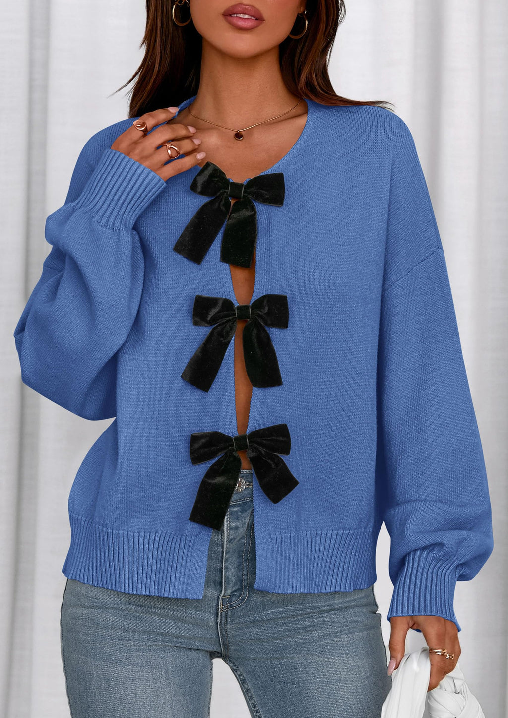 PRETTYGARDEN Cardigan Sweaters for Women Fall Fashion Bow Tie Front Long Sleeve Knit Sweater Tops Cute Winter Clothes