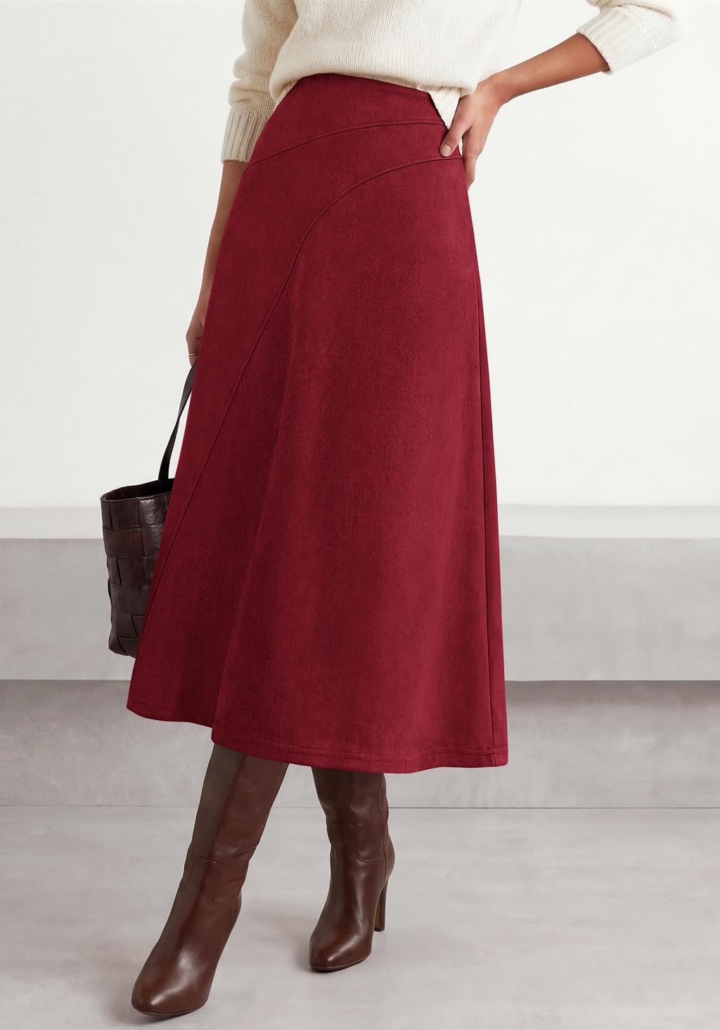 BTFBM Women Faux Suede Midi Long Skirt Fall Fashion | High Waisted Skirts For Women Trendy, Lightweight, Back Elastic, Arc Line Design, A-Line, Winter Dress, Boho Western Outfits