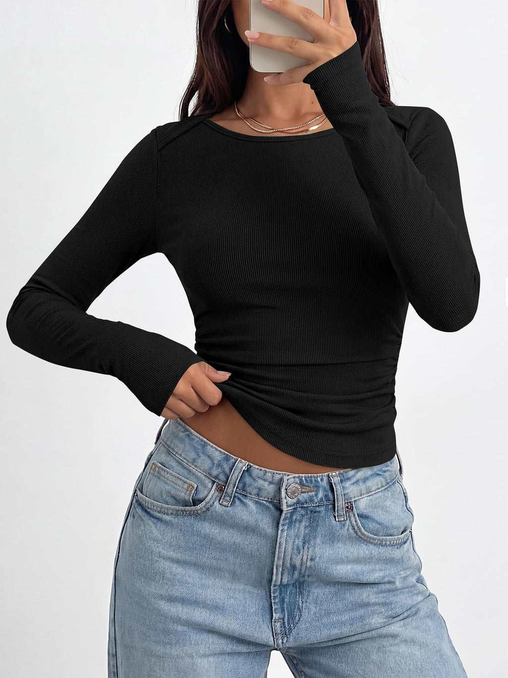 BTFBM Womens Long Sleeve T Shirts Spring Clothes Ribbed Slim Fit Boat Neck Casual Going Out Tops Workout Outfits