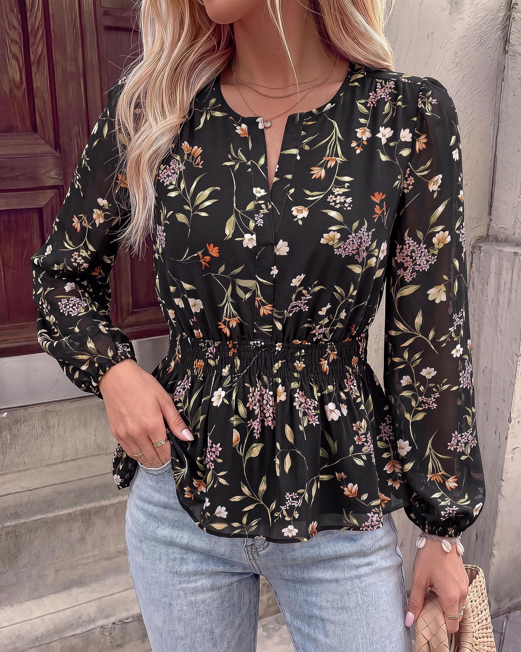 BTFBM Womens Tops Dressy Casual Floral V Neck Long Sleeve Chiffon Shirts | Chiffon Lantern Sleeve Flowy Peplum Sheer Top,Elastic Waist Babydoll Blouses,Boho Vacation Outfits,Fall Fashion Clothing