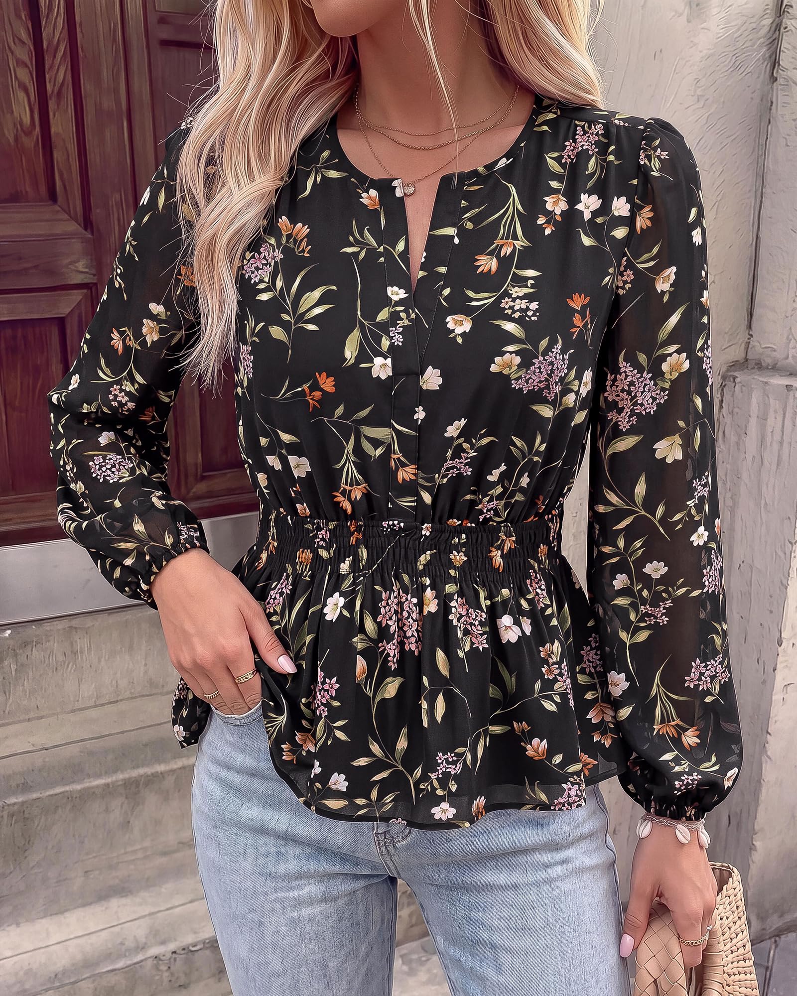 BTFBM Womens Tops Dressy Casual Floral V Neck Long Sleeve Chiffon Shirts | Chiffon Lantern Sleeve Flowy Peplum Sheer Top,Elastic Waist Babydoll Blouses,Boho Vacation Outfits,Fall Fashion Clothing