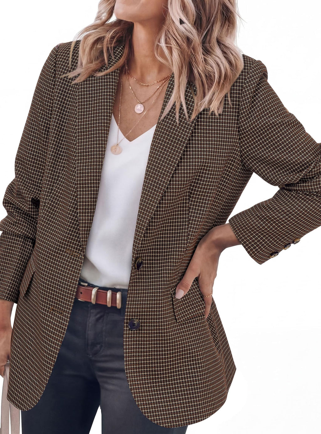 PRETTYGARDEN Fall Blazers for Women Business Casual | Long Sleeve Plaid Houndstooth, Notch Lapel Pockets, Oversized Blazer Outerwear, Trendy Suit Jackets, 2026 Winter Work Outfits