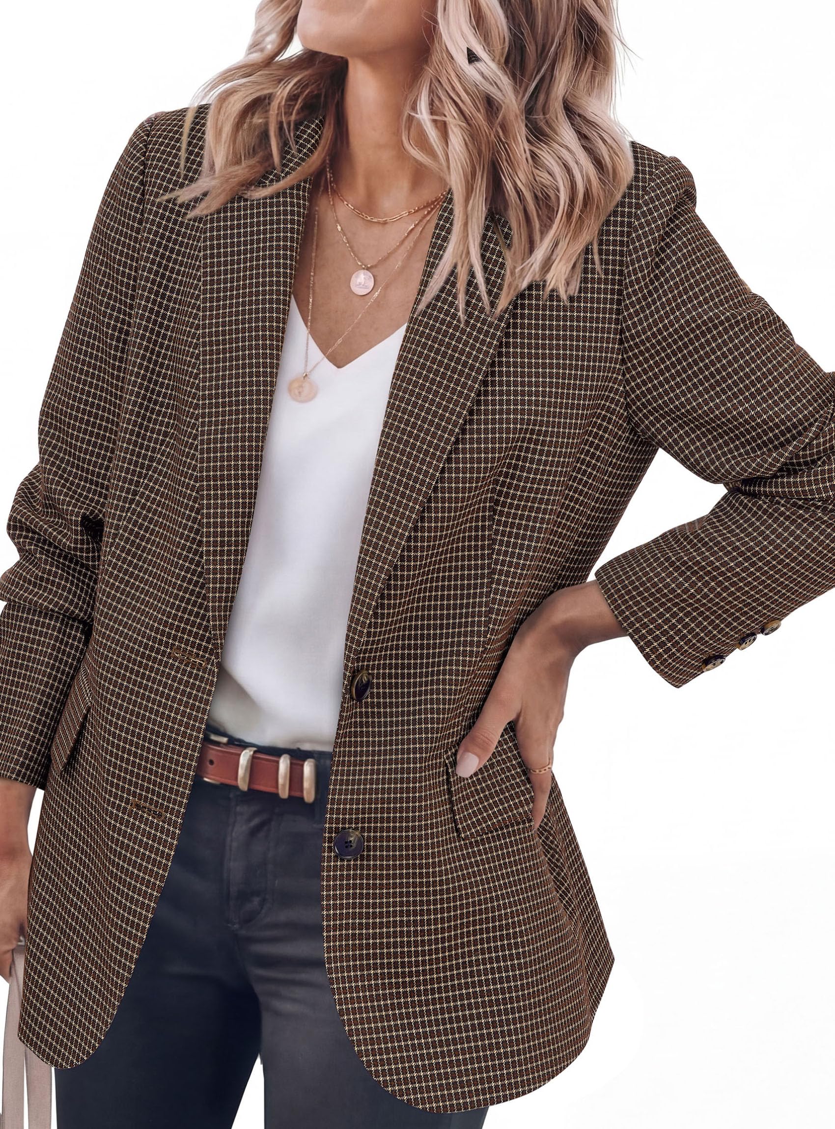 PRETTYGARDEN Fall Blazers for Women Business Casual | Long Sleeve Plaid Houndstooth, Notch Lapel Pockets, Oversized Blazer Outerwear, Trendy Suit Jackets, 2026 Winter Work Outfits