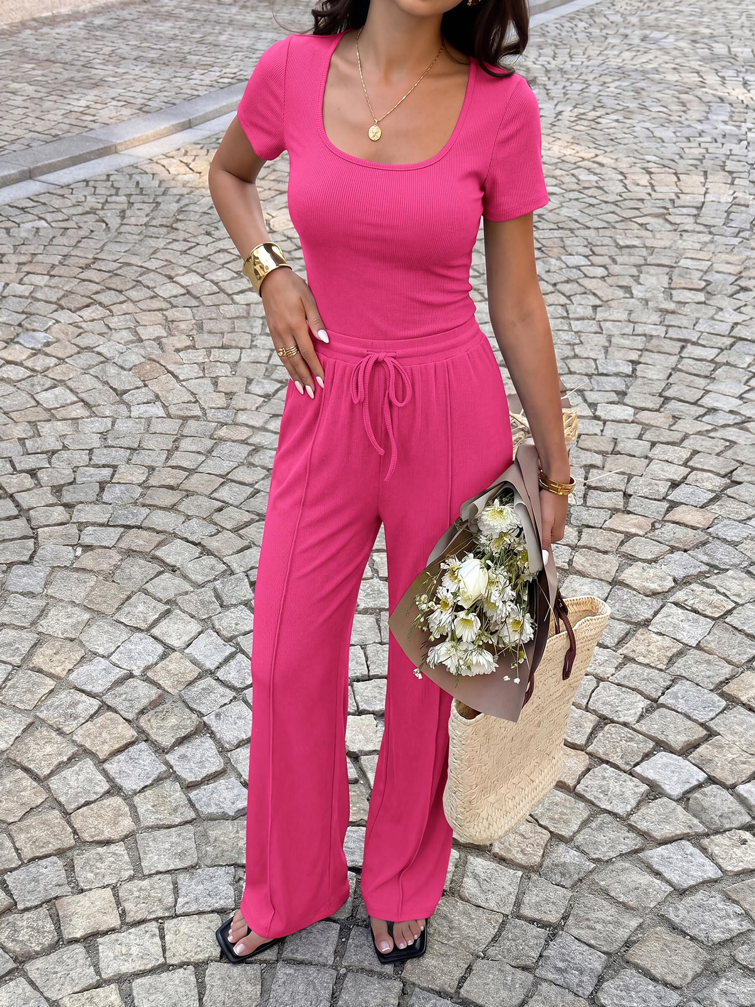 BTFBM Womens Summer 2 Piece Outfits Square Neck Short Sleeve Drawstring Pants Knit Spring Lounge Matching Sets
