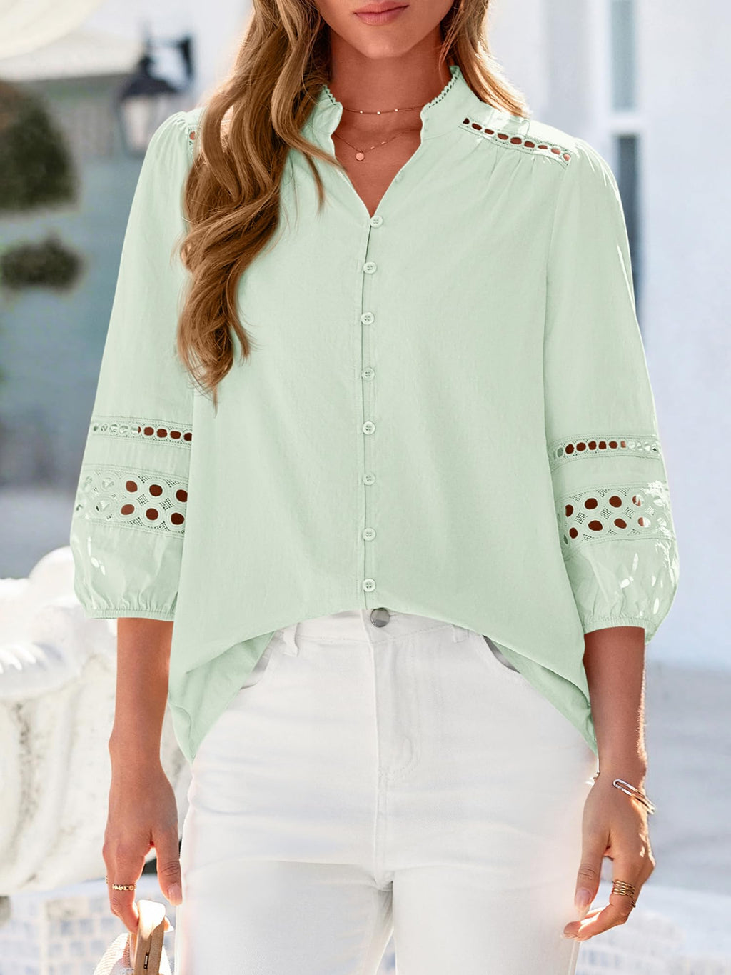 BTFBM 3/4 Length Sleeve Womens Tops Summer Blouses Eyelet Hollow Out Button Down Shirts Business Casual Outfits