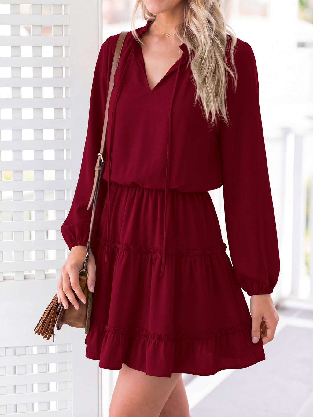 BTFBM Long Sleeve Summer Dresses for Women Casual Tie Neck Ruffle Tiered A Line Mini Spring Wedding Guest Dress