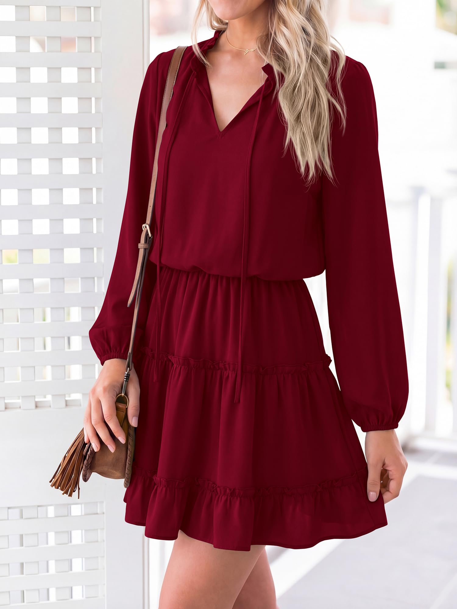 BTFBM Long Sleeve Summer Dresses for Women Casual Tie Neck Ruffle Tiered A Line Mini Spring Wedding Guest Dress