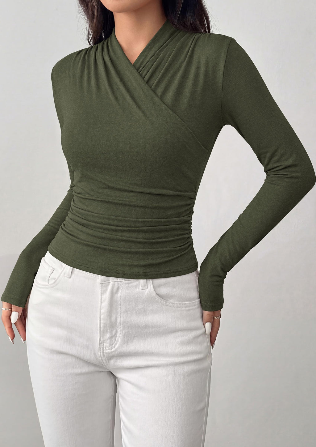 PRETTYGARDEN Womens Long Sleeve Shirts Going Out Wrap Top | Soft Heathered Stretchy Viscose Fitted Blouse, V Neck Ruched Waist Dressy Tops, Office Business Casual Fall Winter Daily Wear
