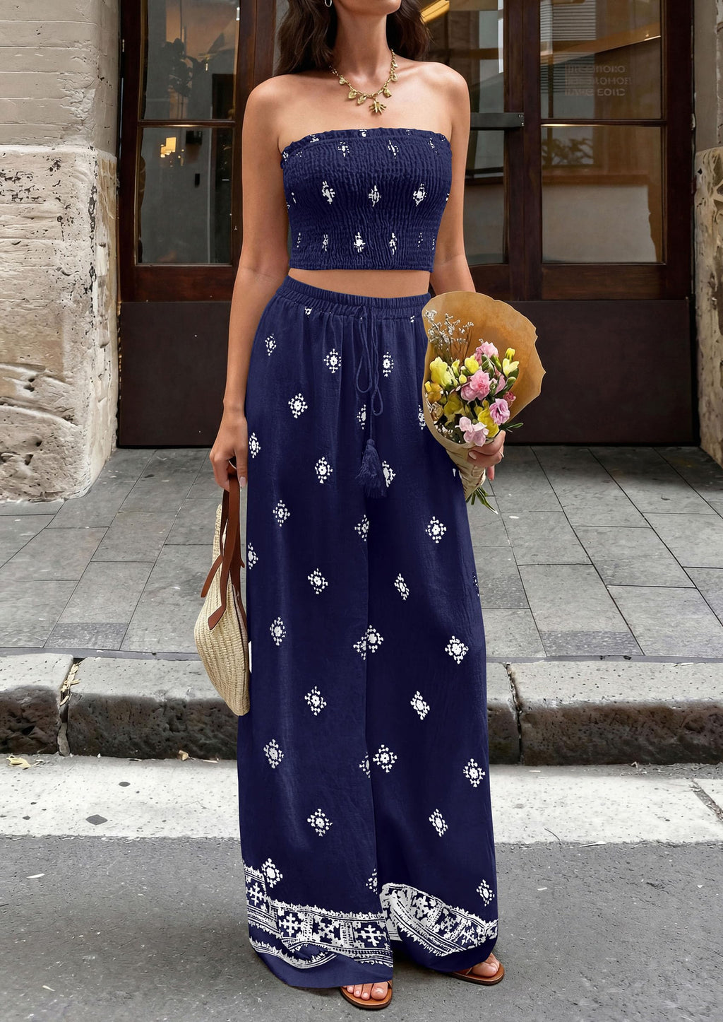 PRETTYGARDEN 2 Piece Sets for Women Summer  Travel Outfits Print Tube Tops Wide Leg Pants Beach Vacation Clothes