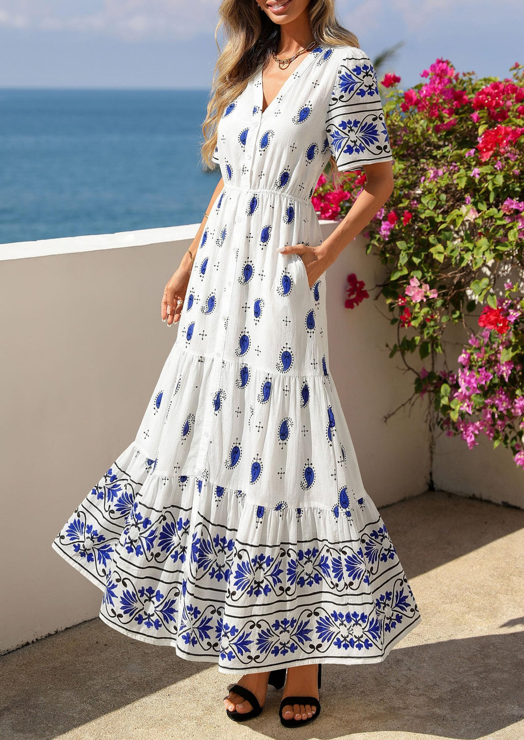 PRETTYGARDEN Womens Summer Boho Maxi Dress Trendy Short Sleeve V Neck Flowy Beach Floral Dresses with Pockets