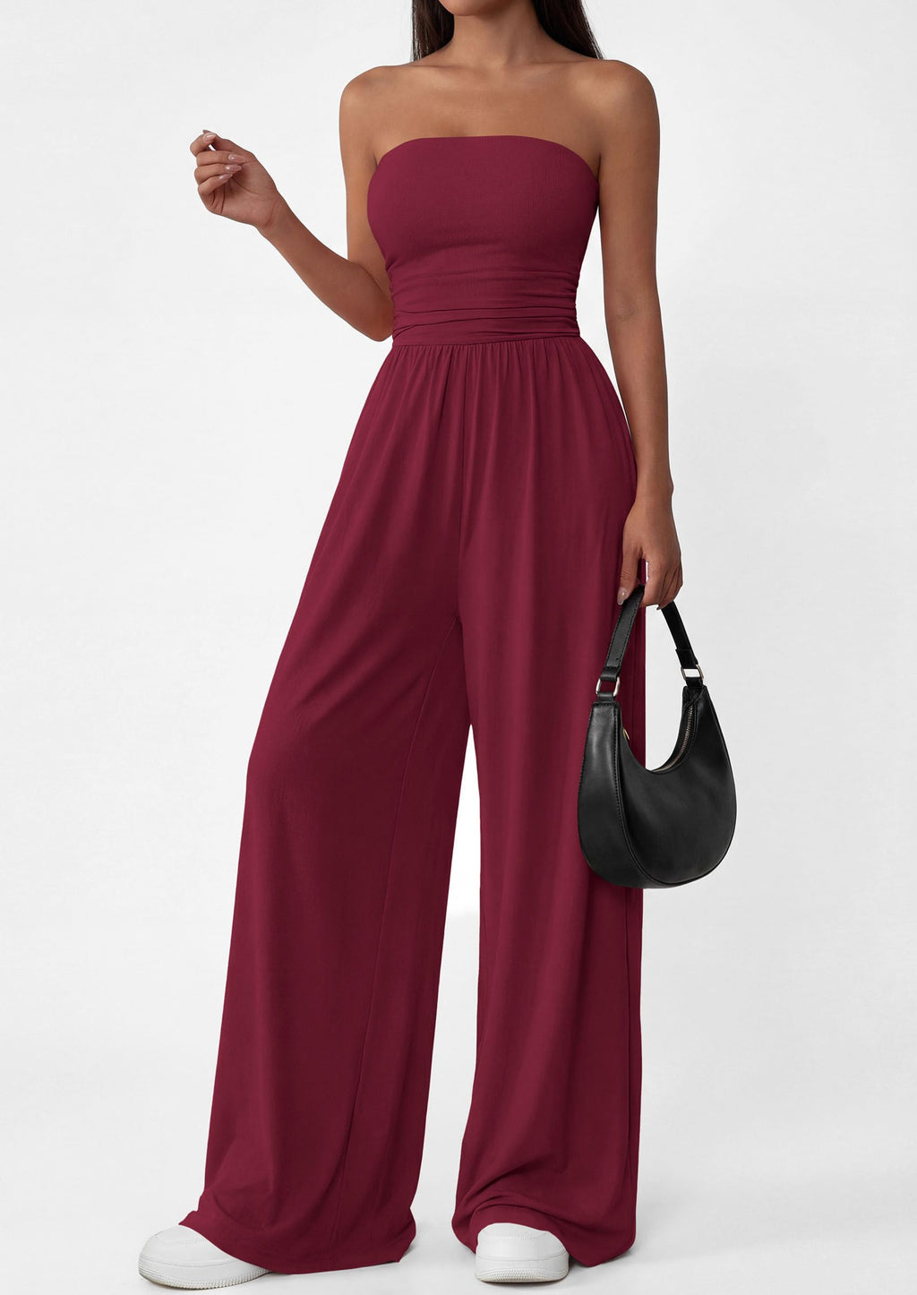 PRETTYGARDEN Womens Trendy Strapless Rompers Ruched Tube Top Wide Leg One Piece Jumpsuits Beach Vacation Summer Outfits